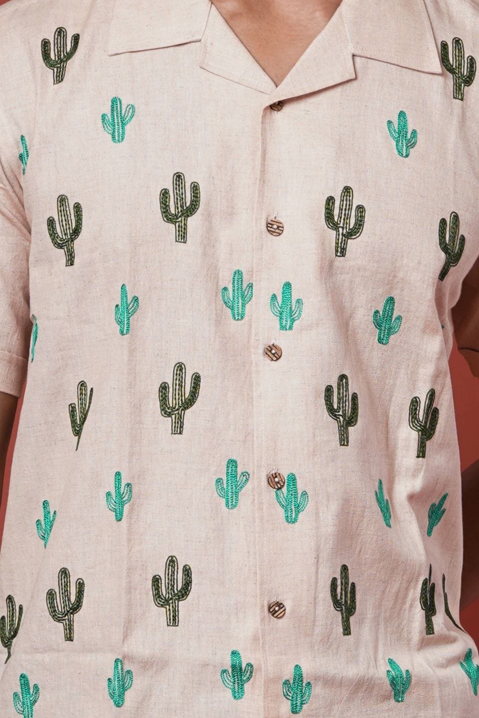 Cactus Embroidery Mens Casual Half Sleeve Shirt