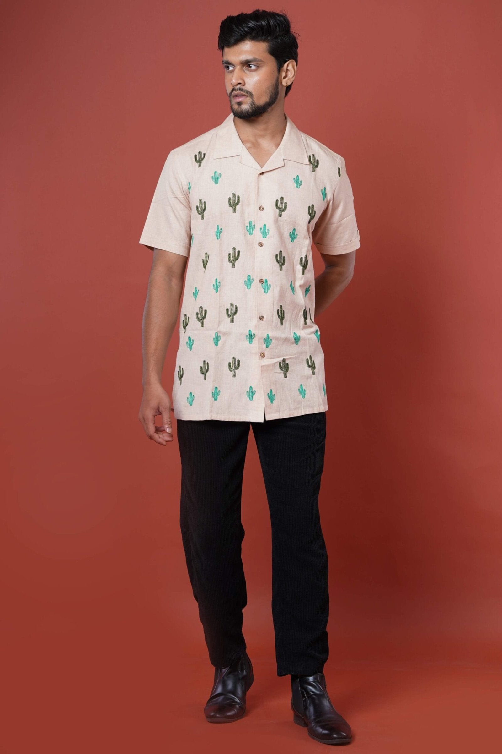 Cactus Embroidery Mens Casual Half Sleeve Shirt