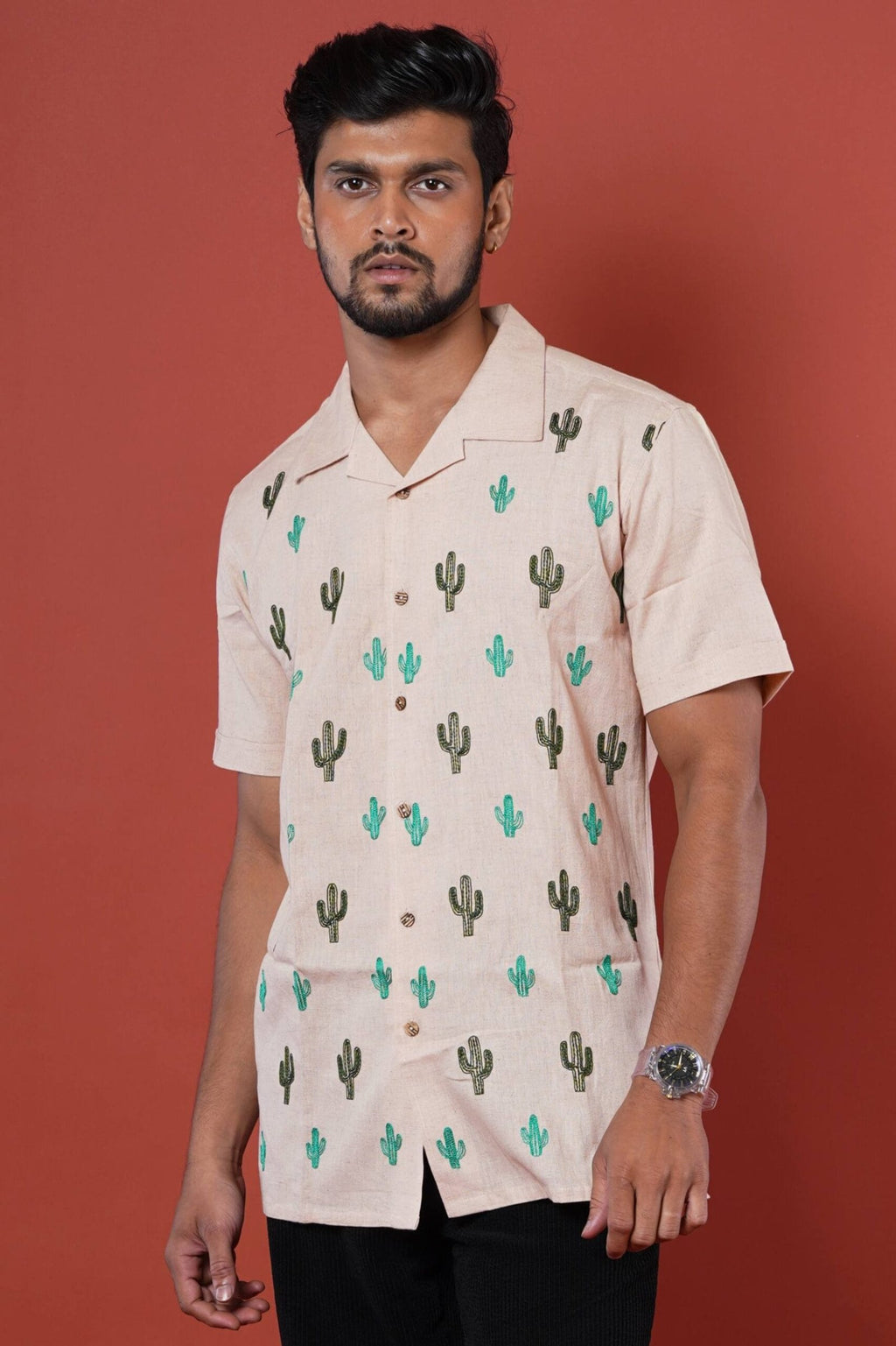 Cactus Embroidery Mens Casual Half Sleeve Shirt