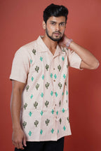 Cactus Embroidery Mens Casual Half Sleeve Shirt