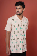 Cactus Embroidery Mens Casual Half Sleeve Shirt
