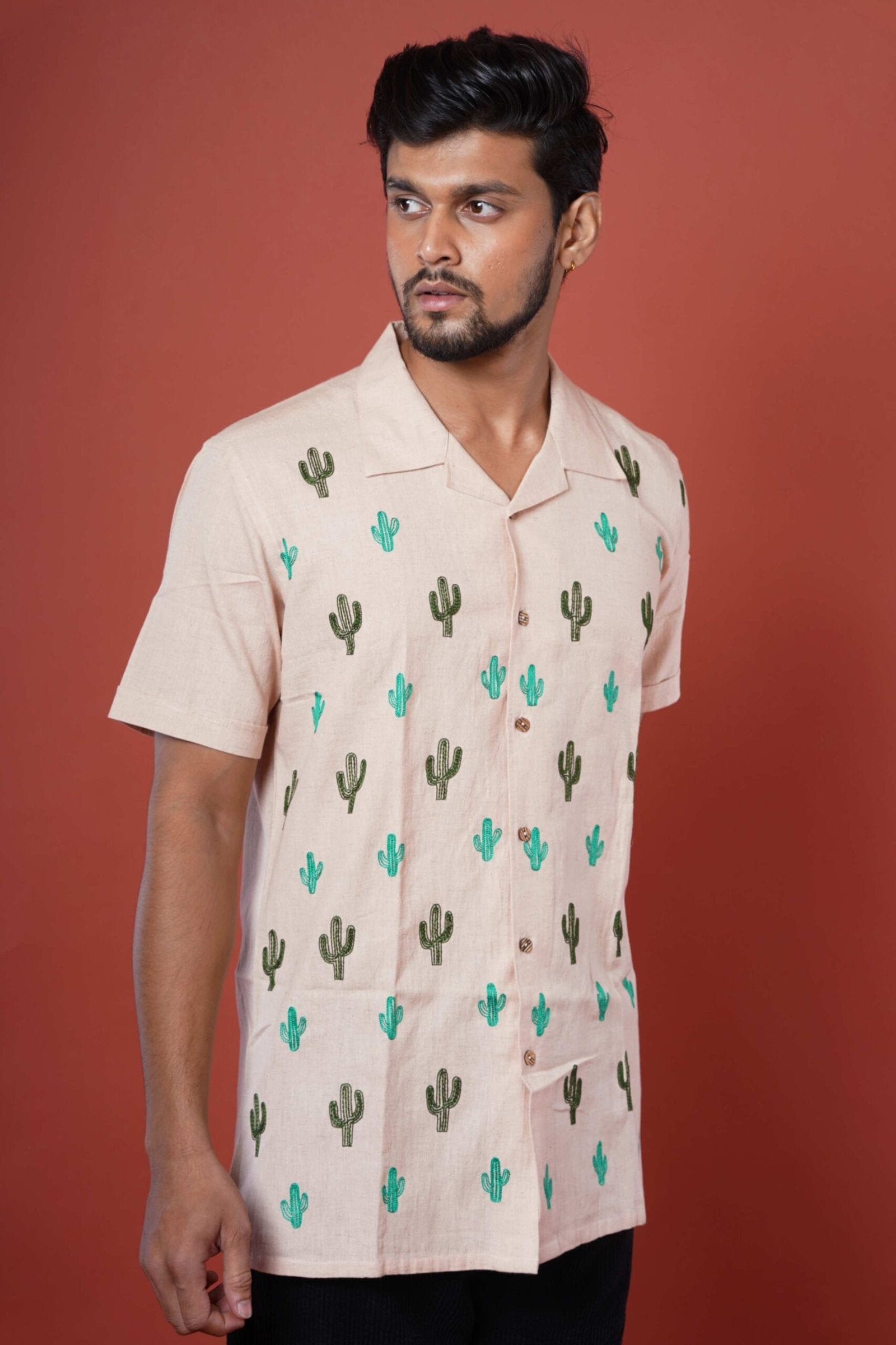Cactus Embroidery Mens Casual Half Sleeve Shirt