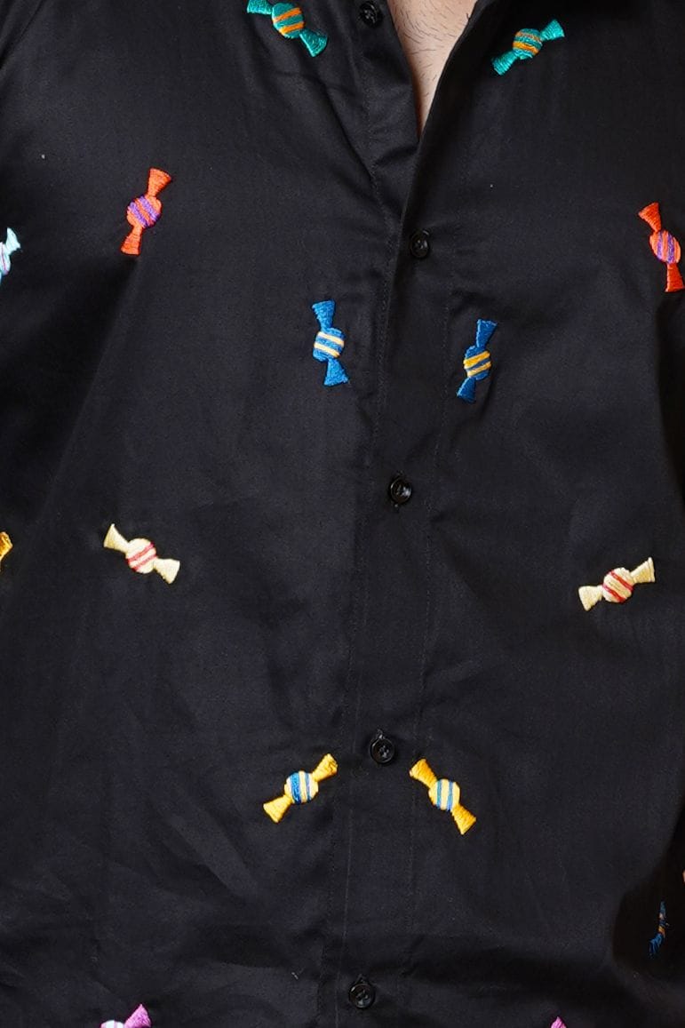 Candy Hand Embroidered Mens Black  Half Sleeve Shirt