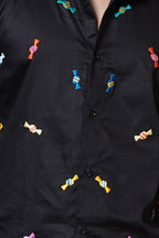 Candy Hand Embroidered Mens Black  Half Sleeve Shirt