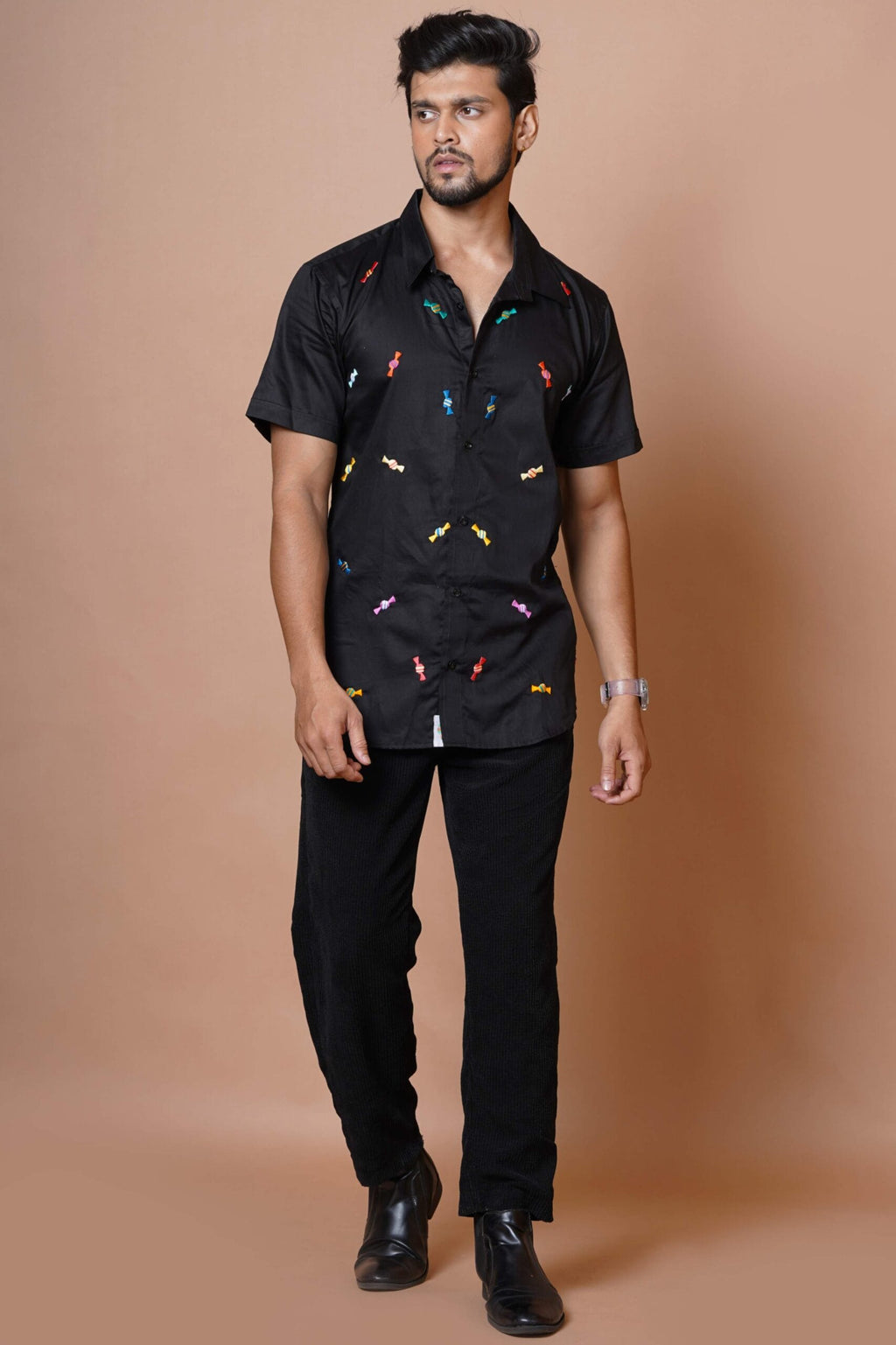 Candy Hand Embroidered Mens Black  Half Sleeve Shirt