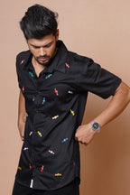 Candy Hand Embroidered Mens Black  Half Sleeve Shirt