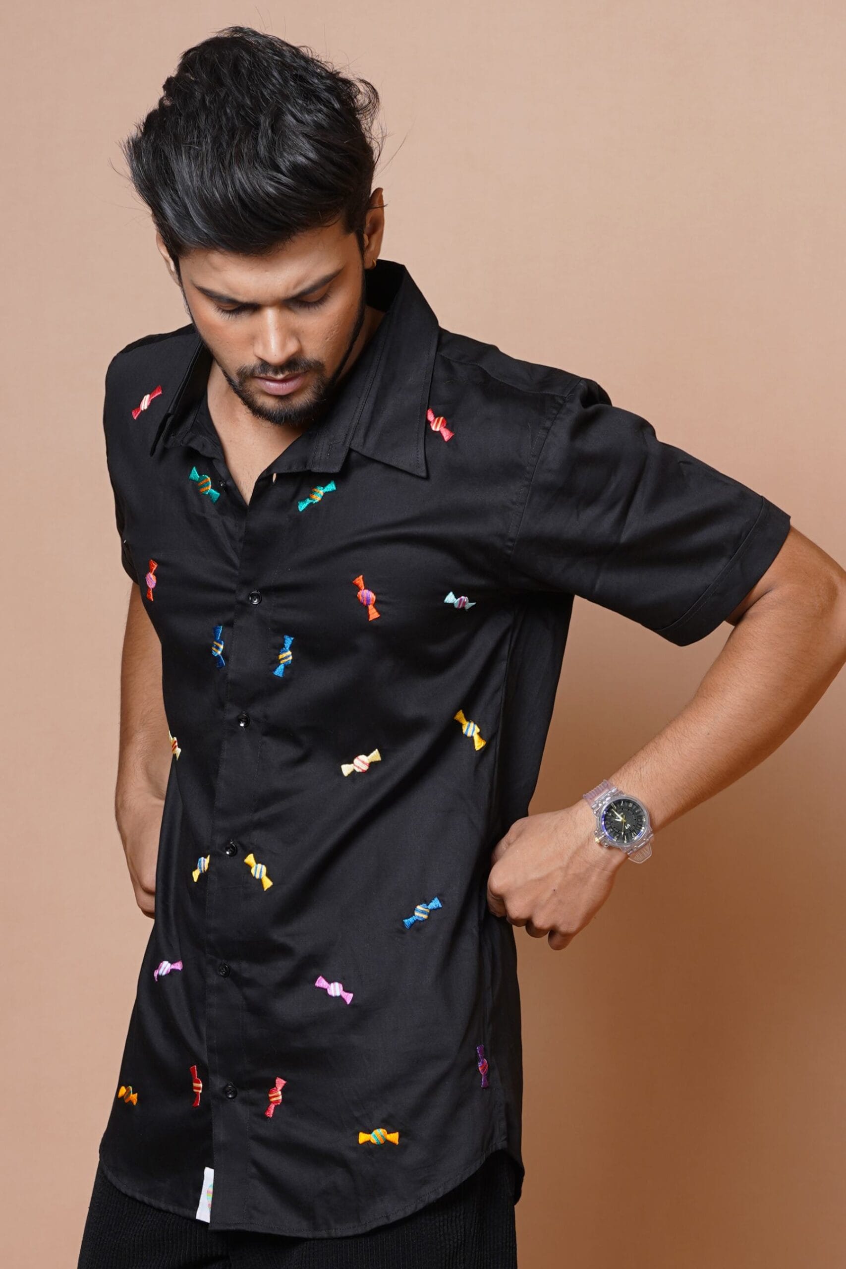Candy Hand Embroidered Mens Black  Half Sleeve Shirt