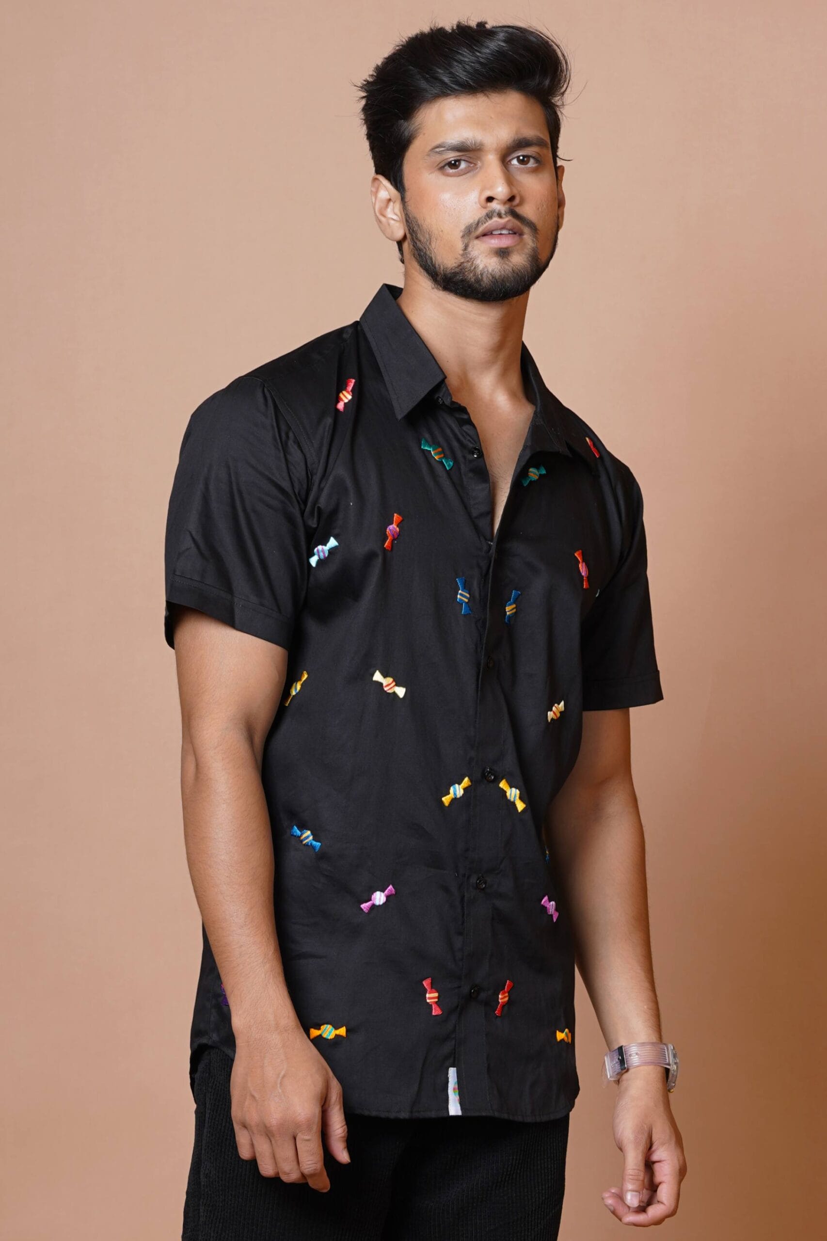 Candy Hand Embroidered Mens Black  Half Sleeve Shirt