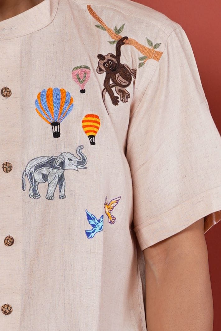 Circus Art Hand Embroidery Mens Half Sleeve Shirt