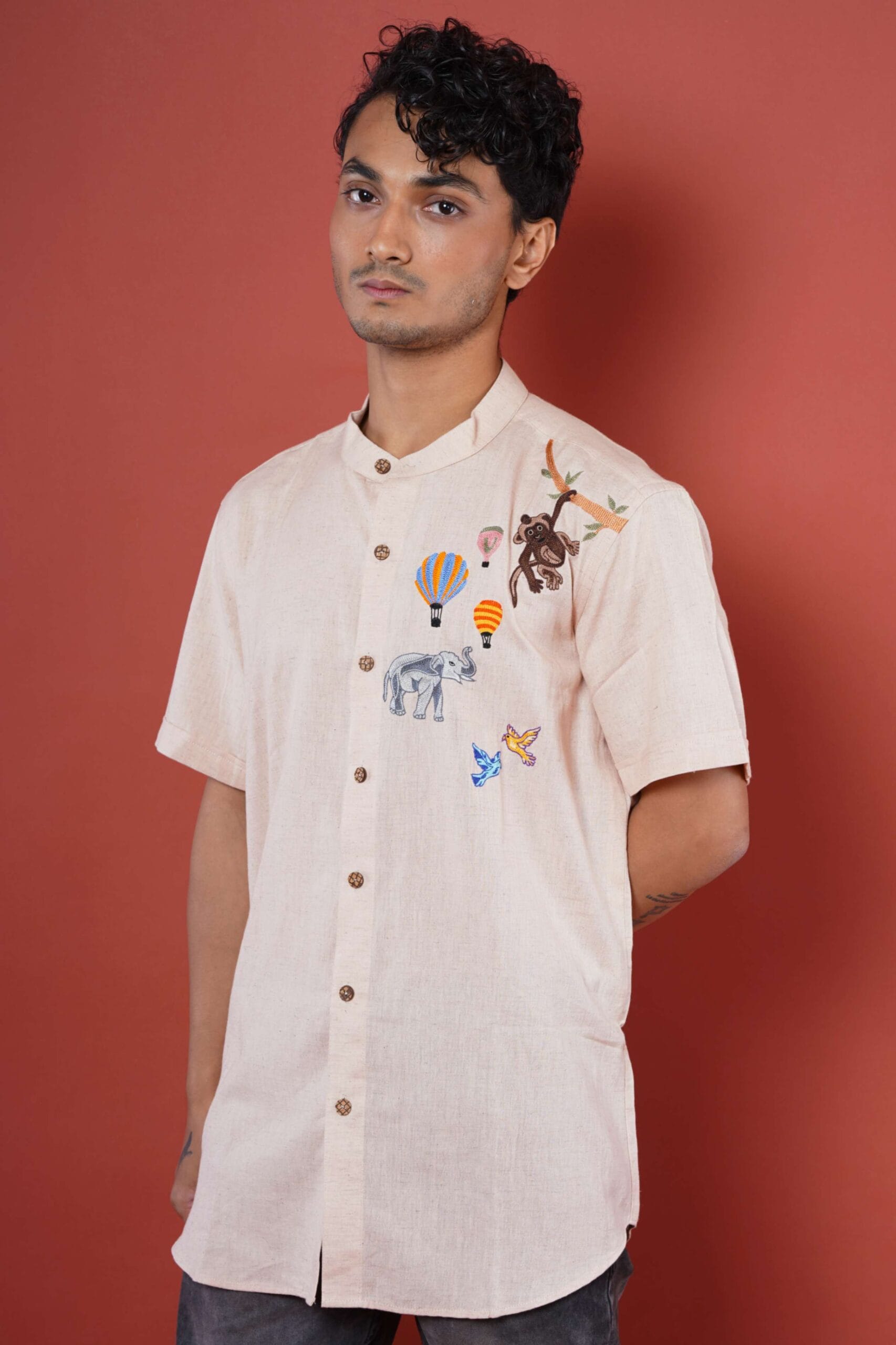 Circus Art Hand Embroidery Mens Half Sleeve Shirt
