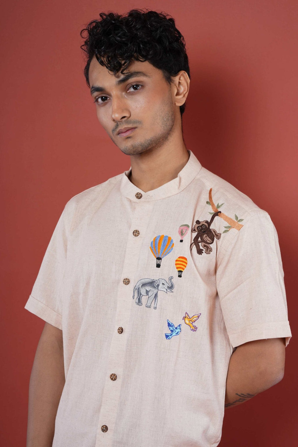 Circus Art Hand Embroidery Mens Half Sleeve Shirt