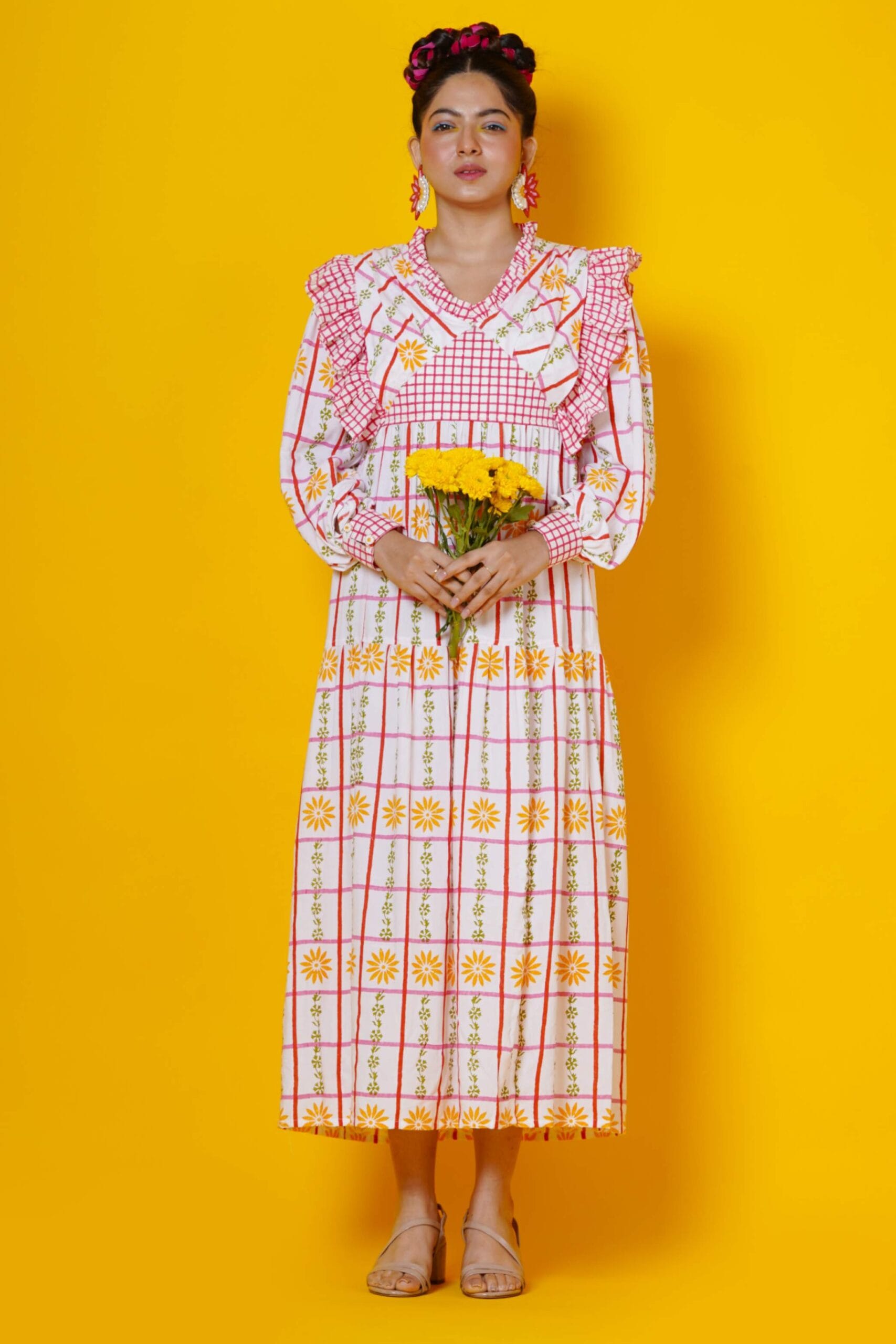 Checks And Floral Block Print Maxi Dress