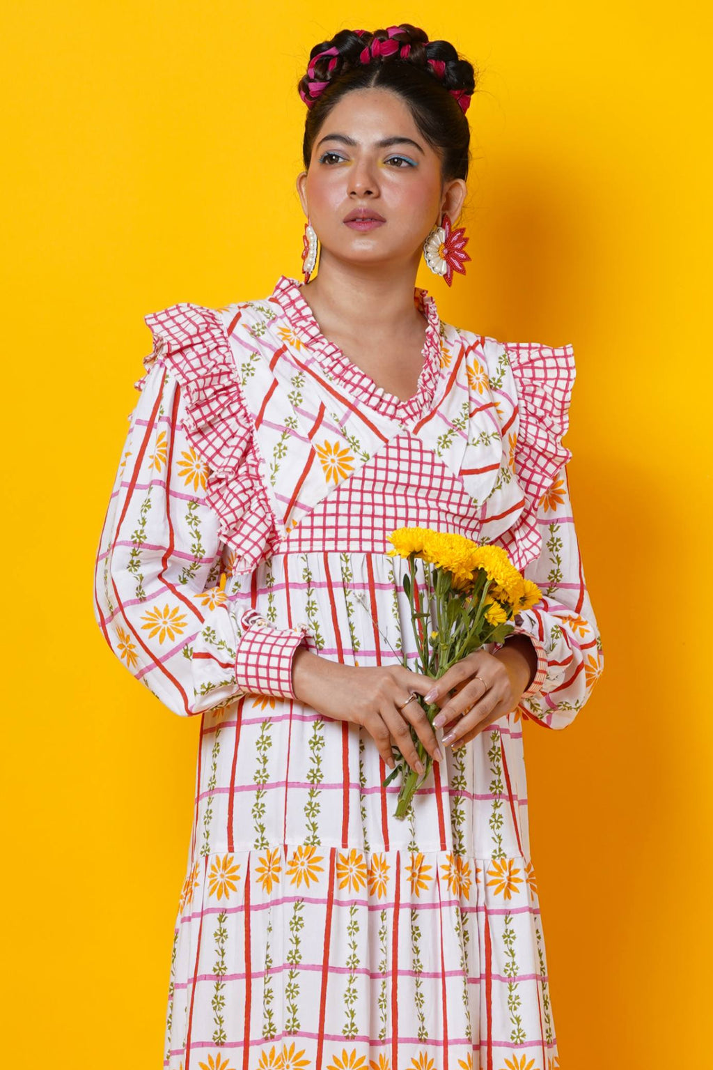 Checks And Floral Block Print Maxi Dress