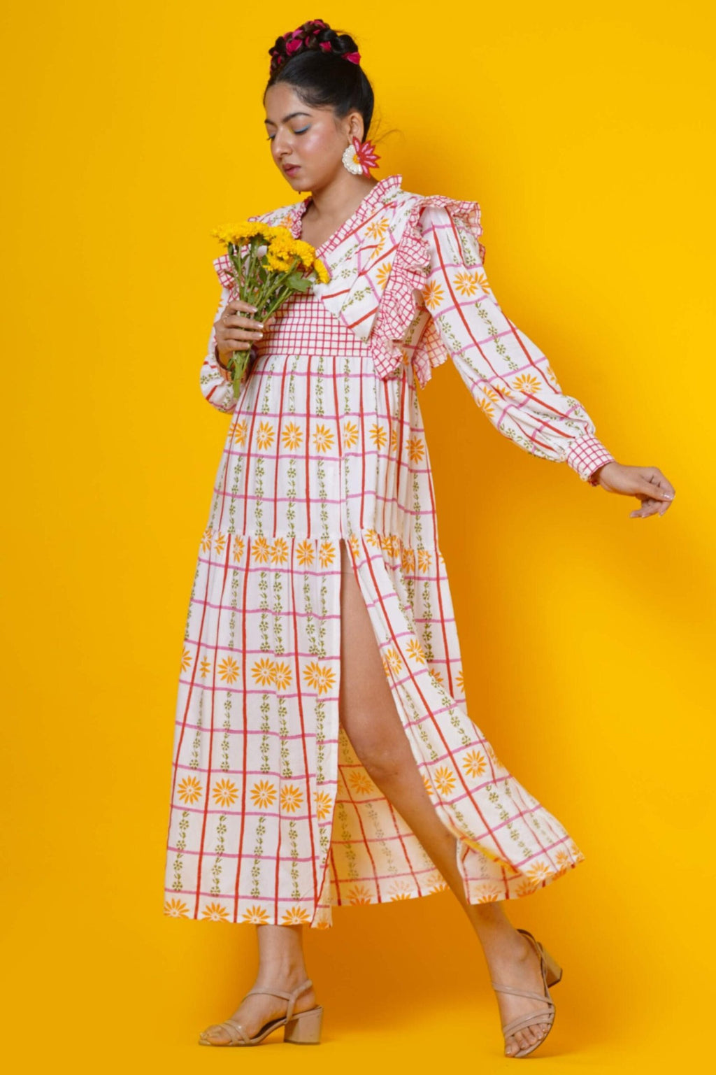 Checks And Floral Block Print Maxi Dress