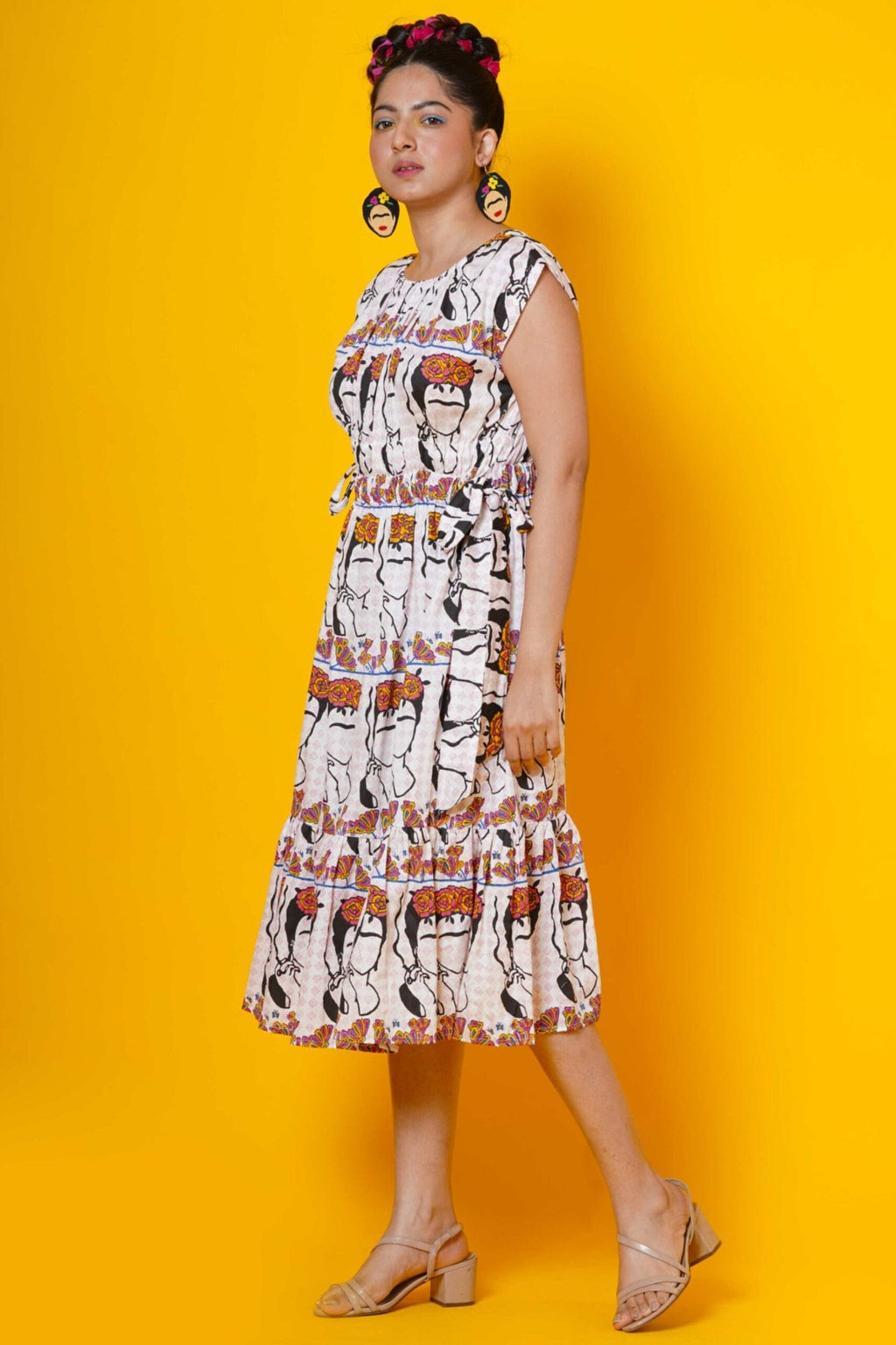 Block Printed Cotton Frida Kahlo Maxi Dress For Women