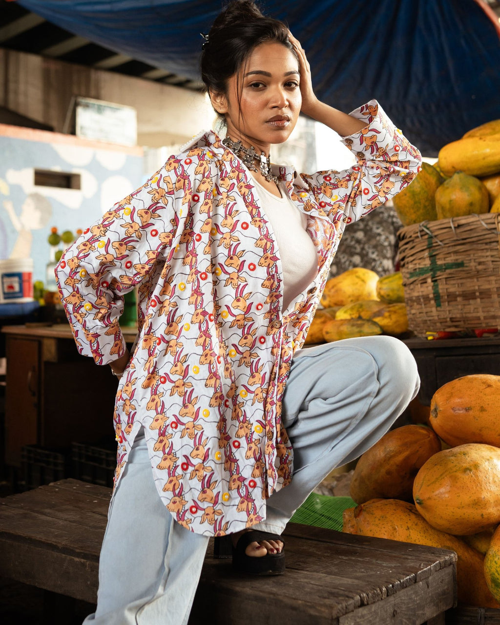 Women  Hand Block Print Cow Pattern Shirt With Beads  Embroidery