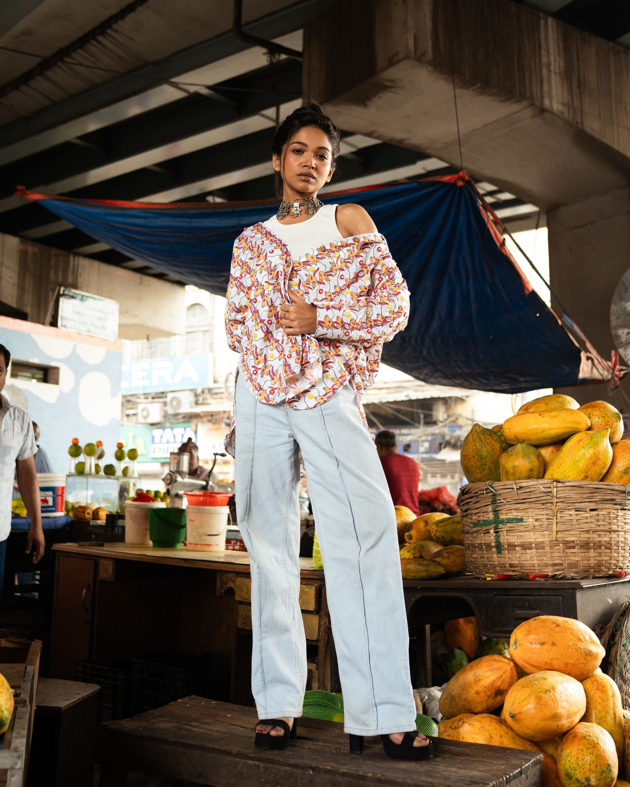 Women  Hand Block Print Cow Pattern Shirt With Beads  Embroidery