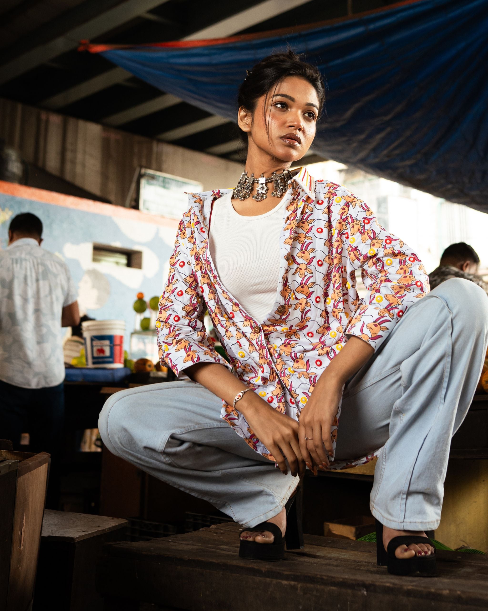 Women  Hand Block Print Cow Pattern Shirt With Beads  Embroidery