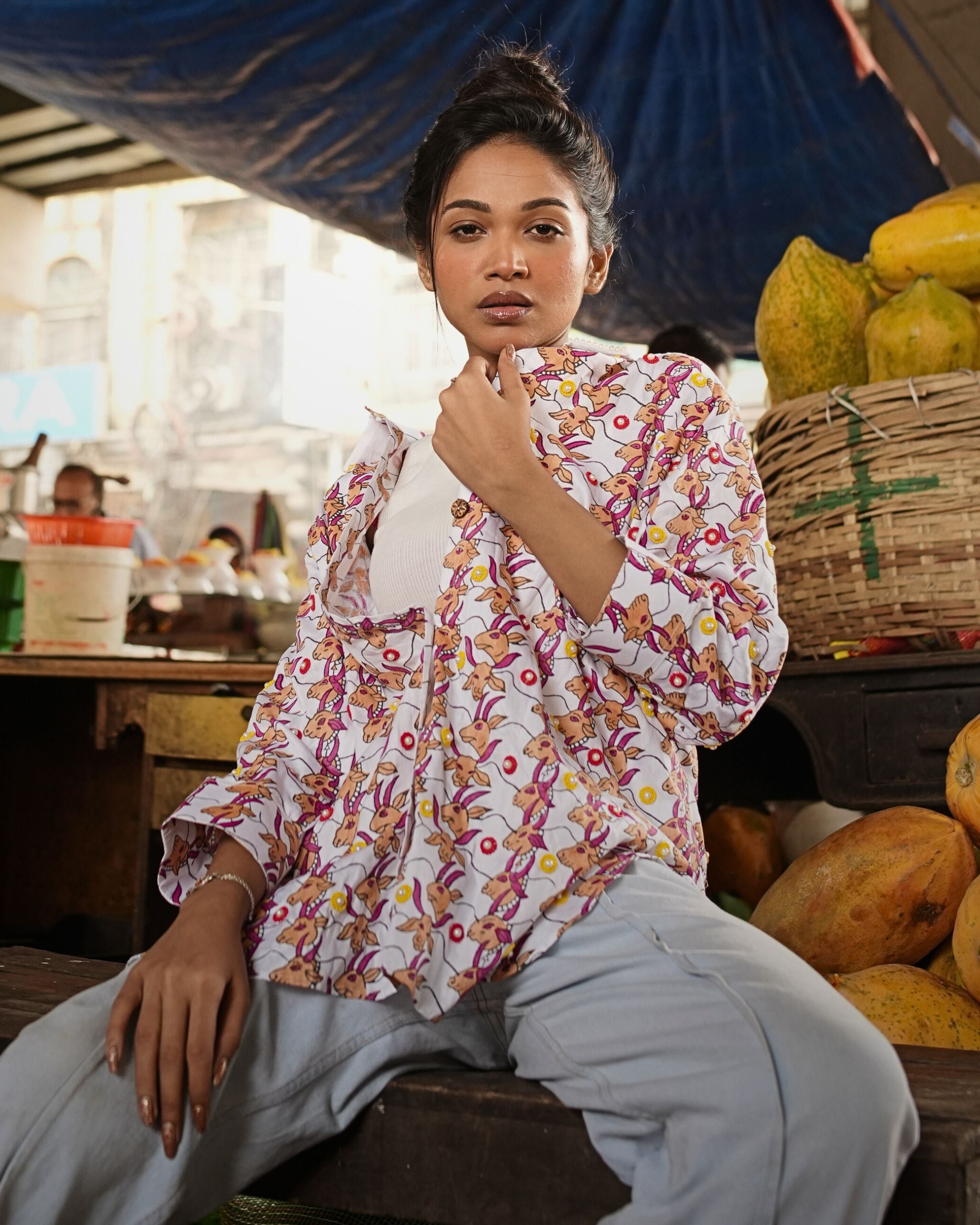 Women  Hand Block Print Cow Pattern Shirt With Beads  Embroidery