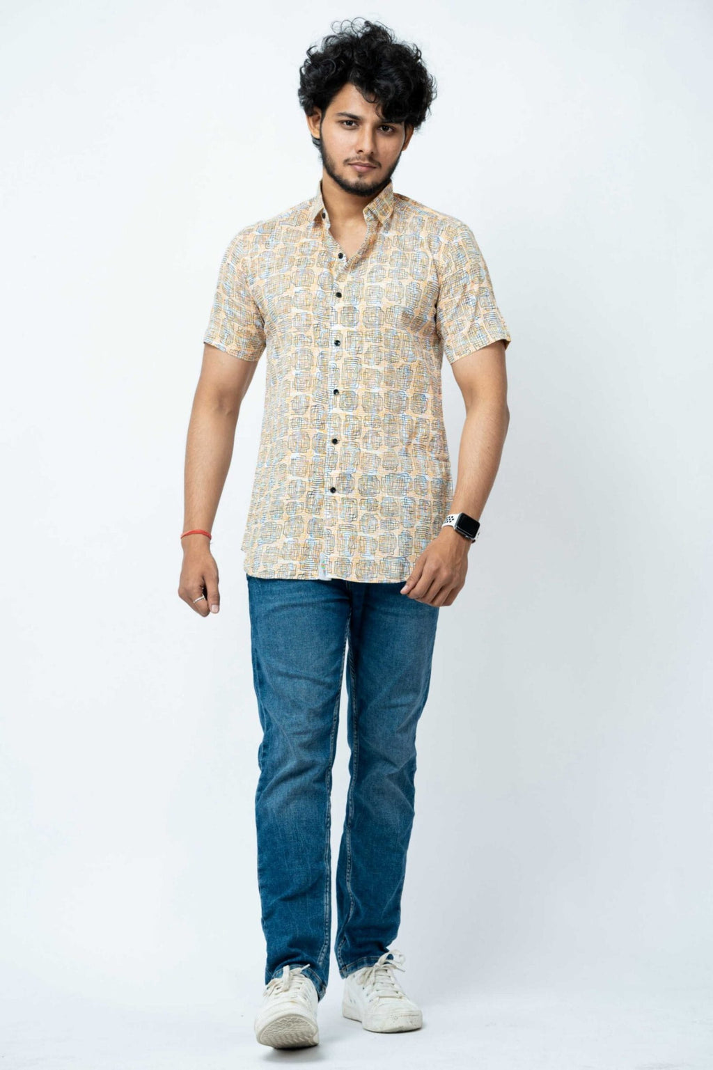 Cream Colour Block  Print Casual Mens Shirt
