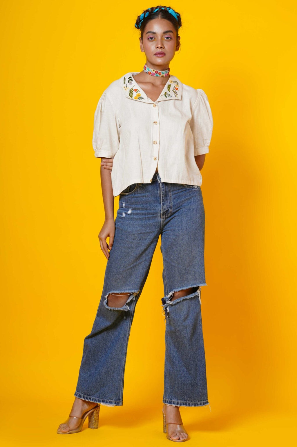 Cream Colour Blouse With Collar Embroidery Work