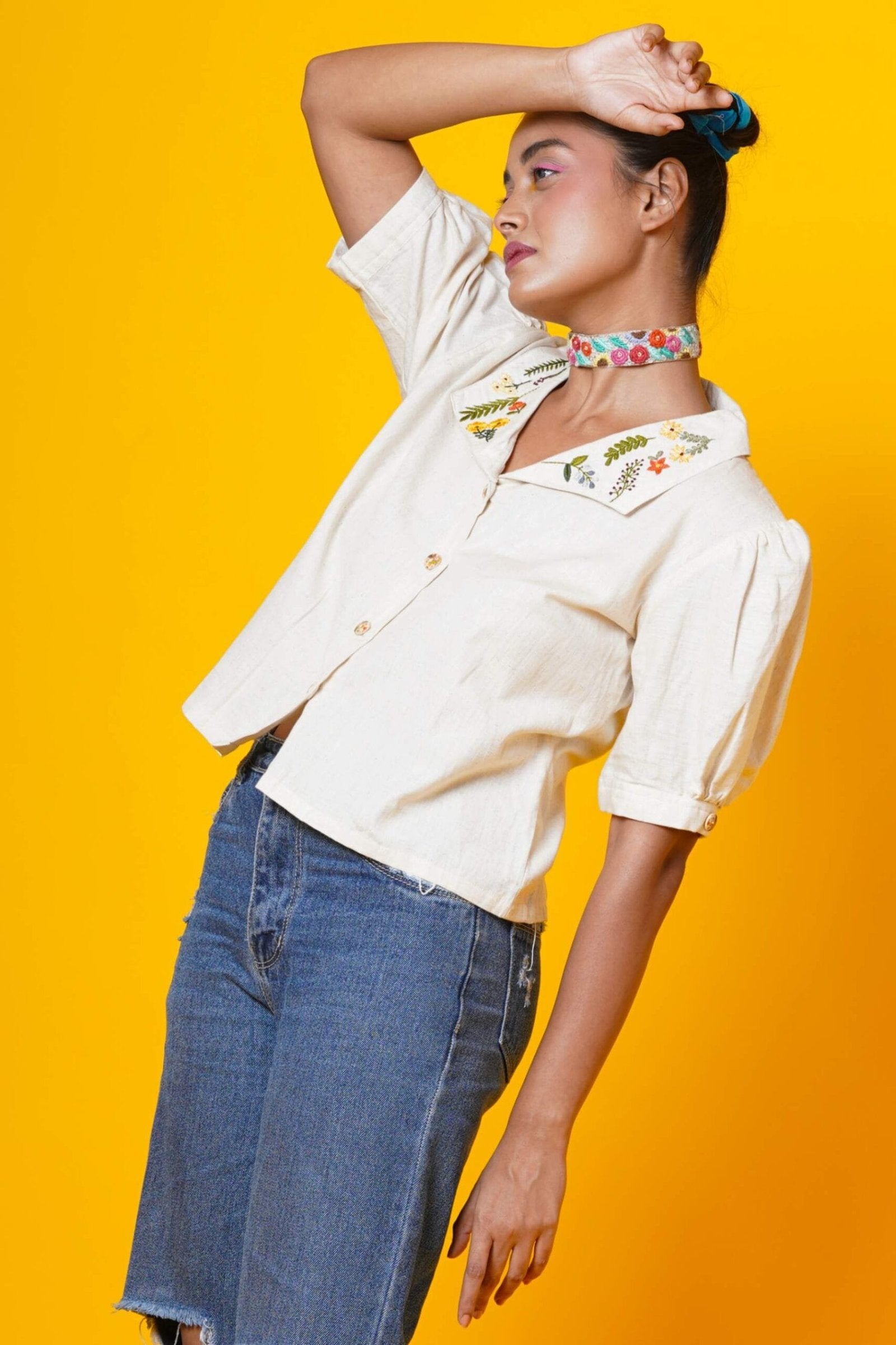 Cream Colour Blouse With Collar Embroidery Work