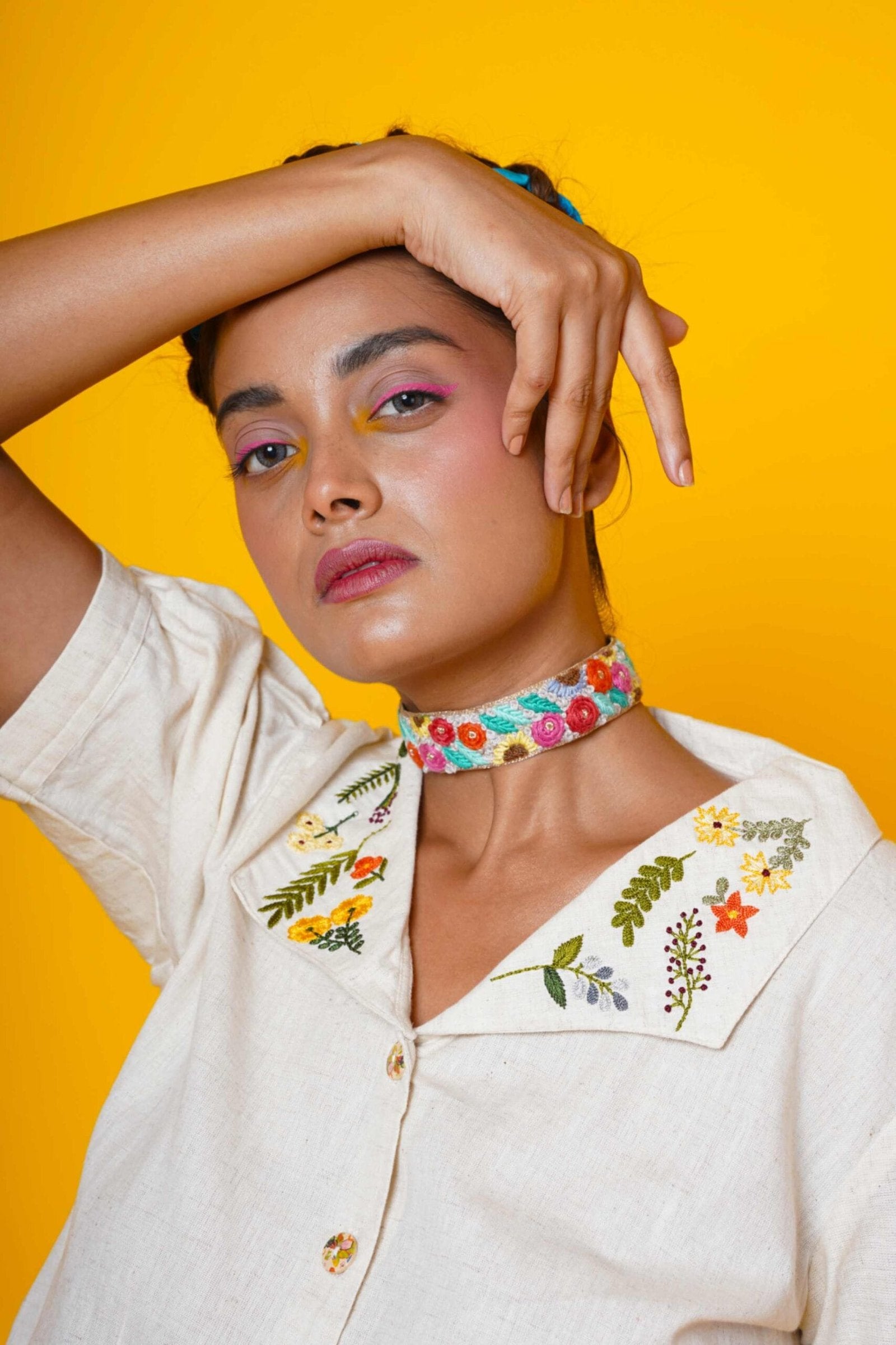 Cream Colour Blouse With Collar Embroidery Work
