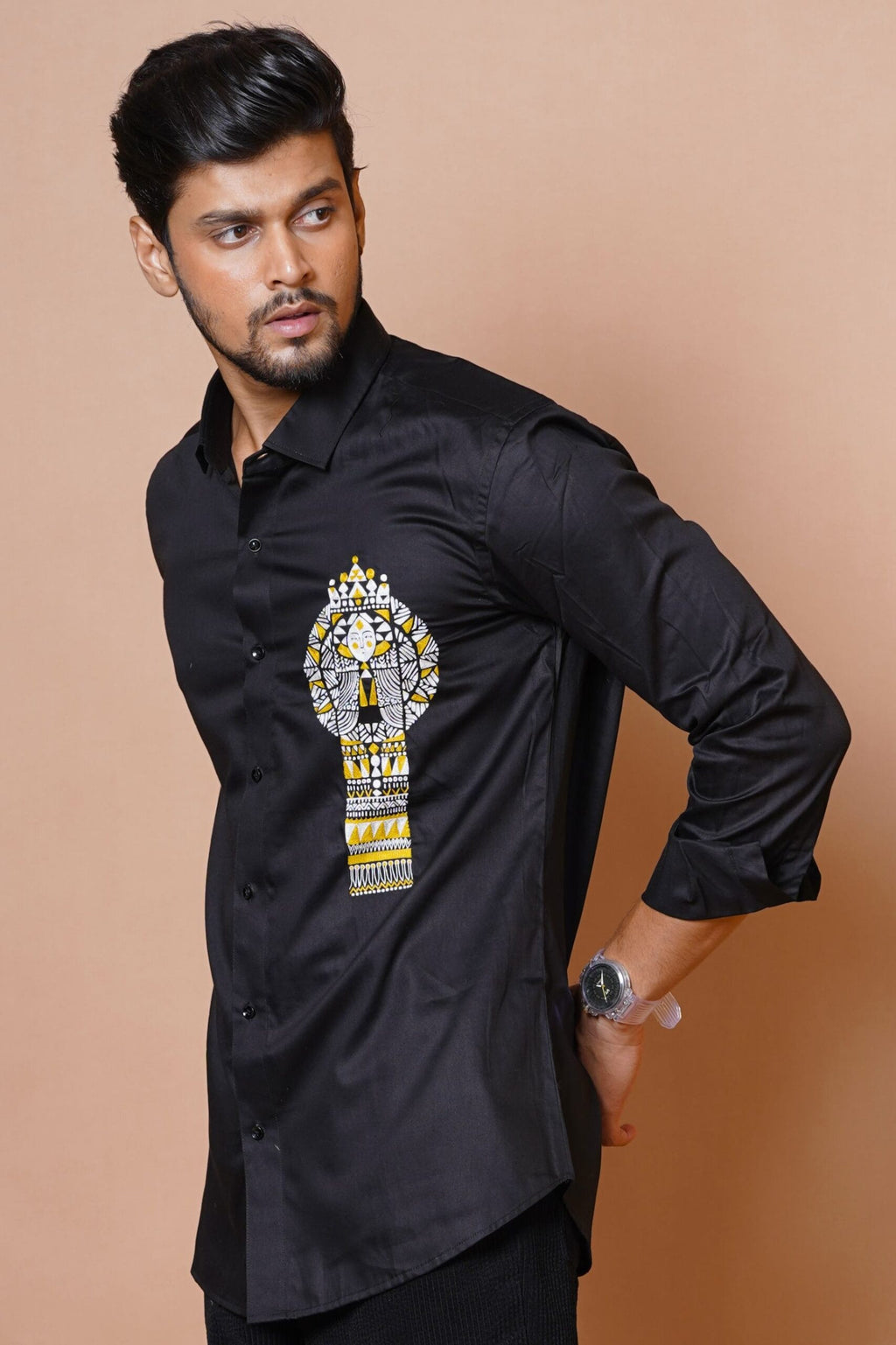 Egyptian Pharoah Hand Embroidered Mens Black Full Sleeve Shirt