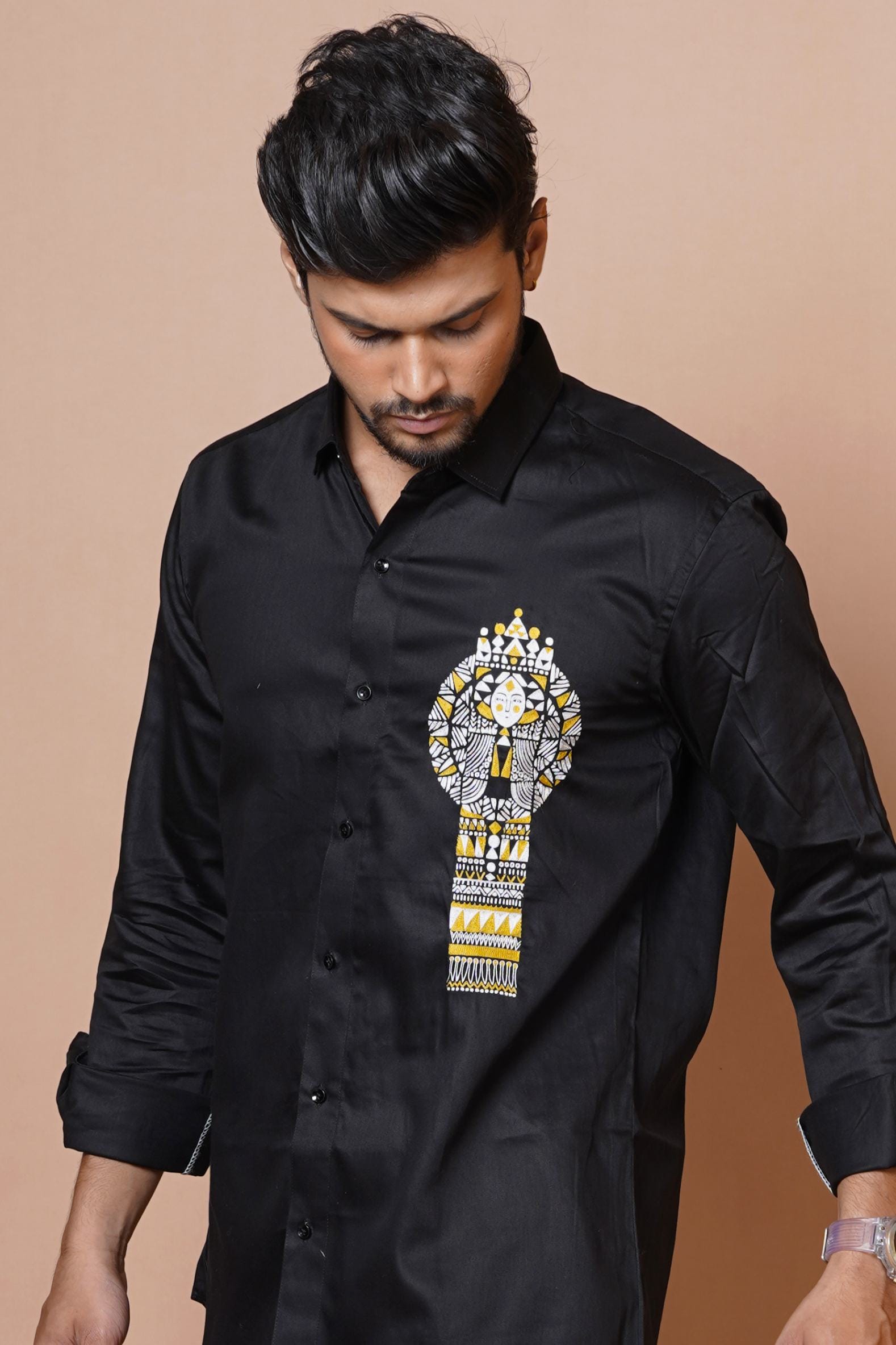 Egyptian Pharoah Hand Embroidered Mens Black Full Sleeve Shirt