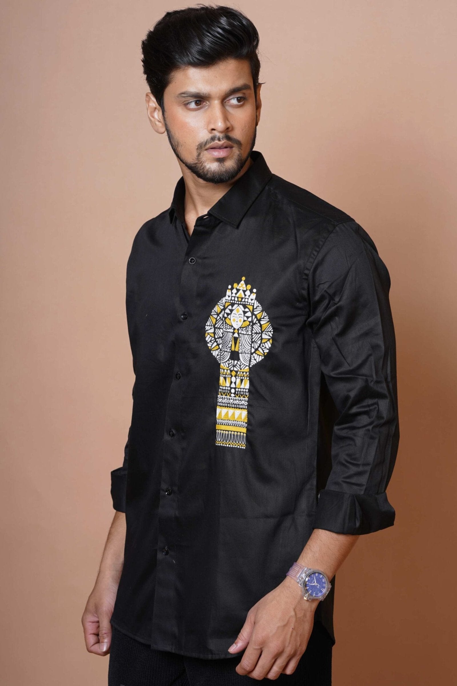 Egyptian Pharoah Hand Embroidered Mens Black Full Sleeve Shirt