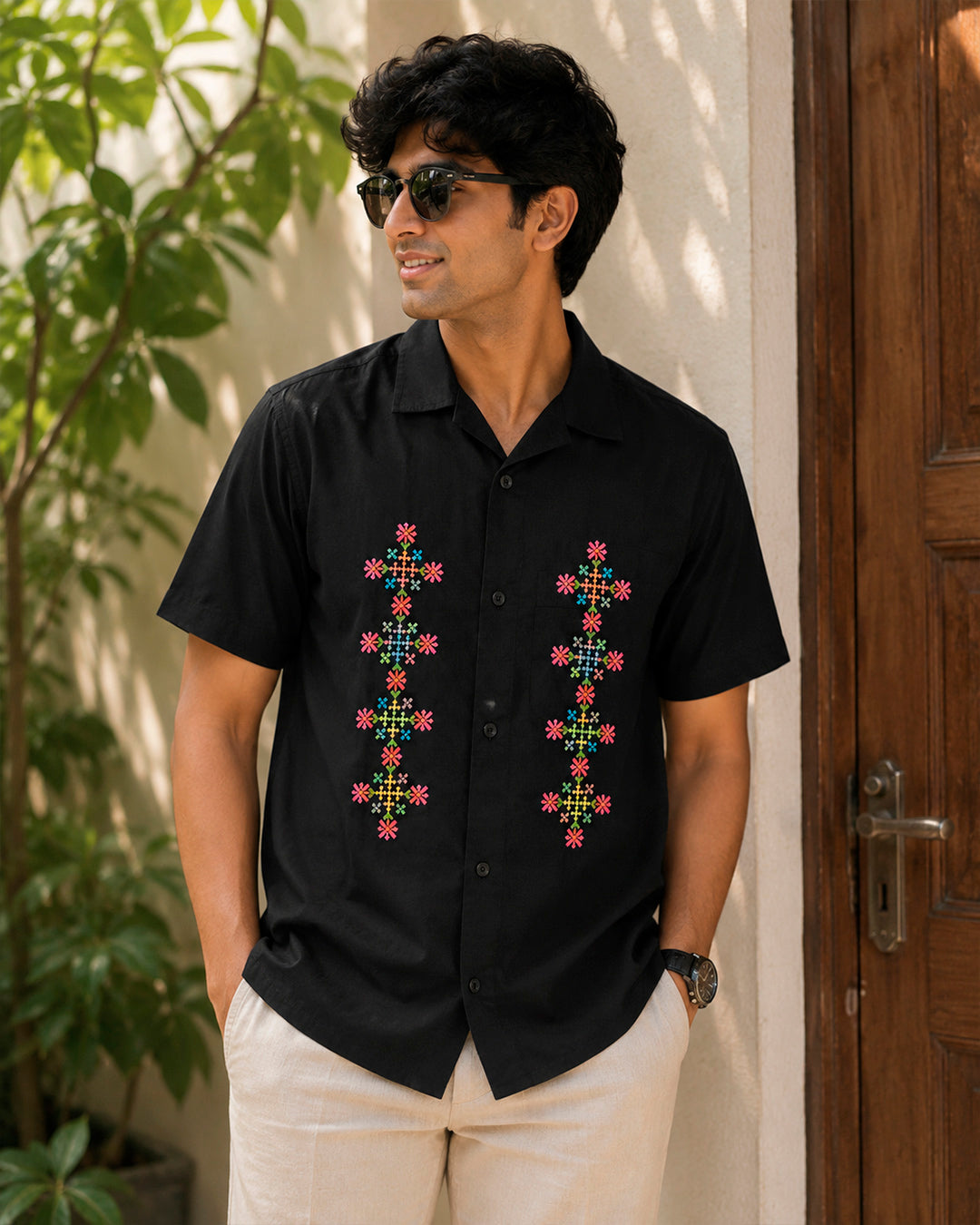 Kutch Motif Black Embroidered Half Shirt