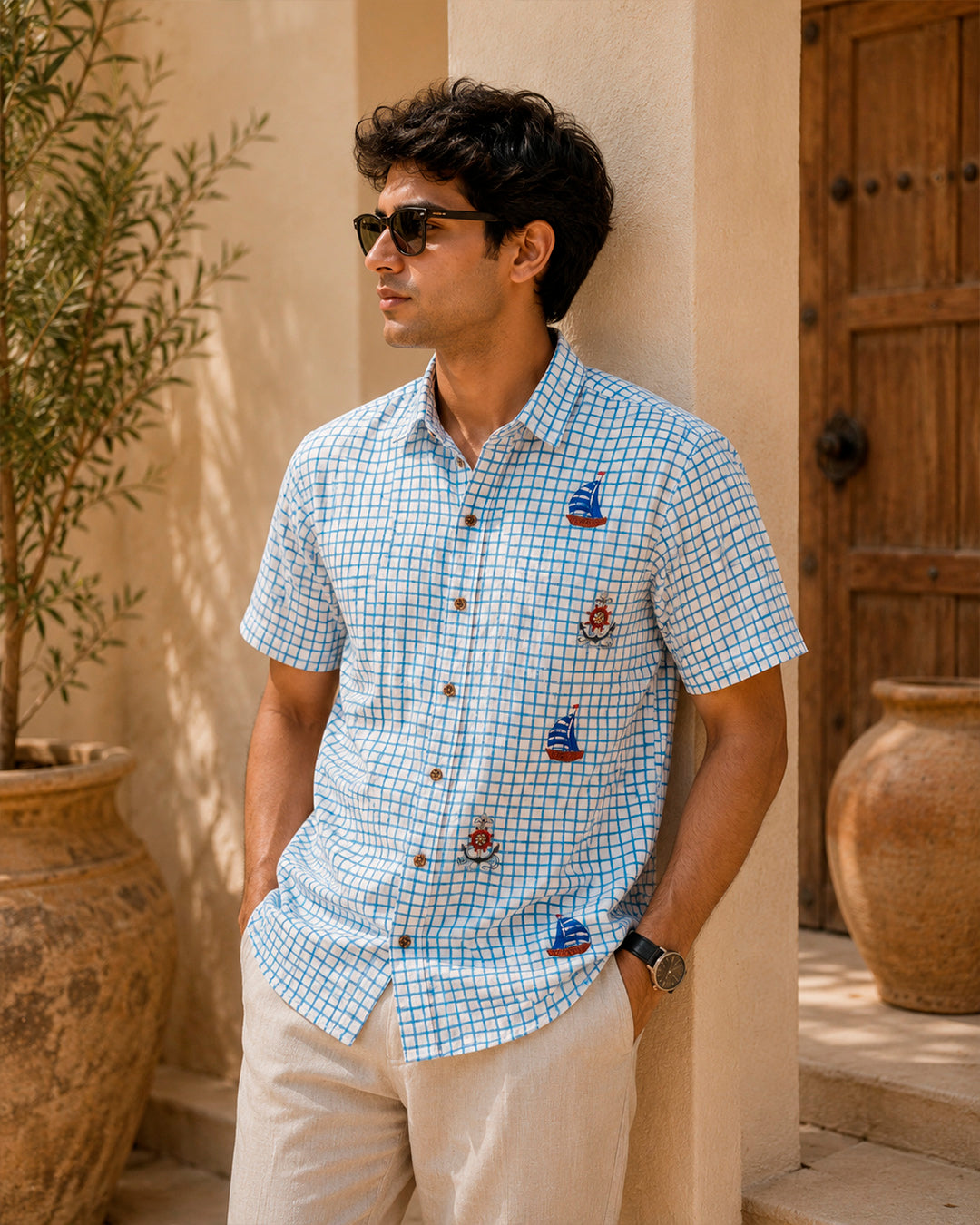 Blue Checks and Boat Motif Embroidered Half Shirt