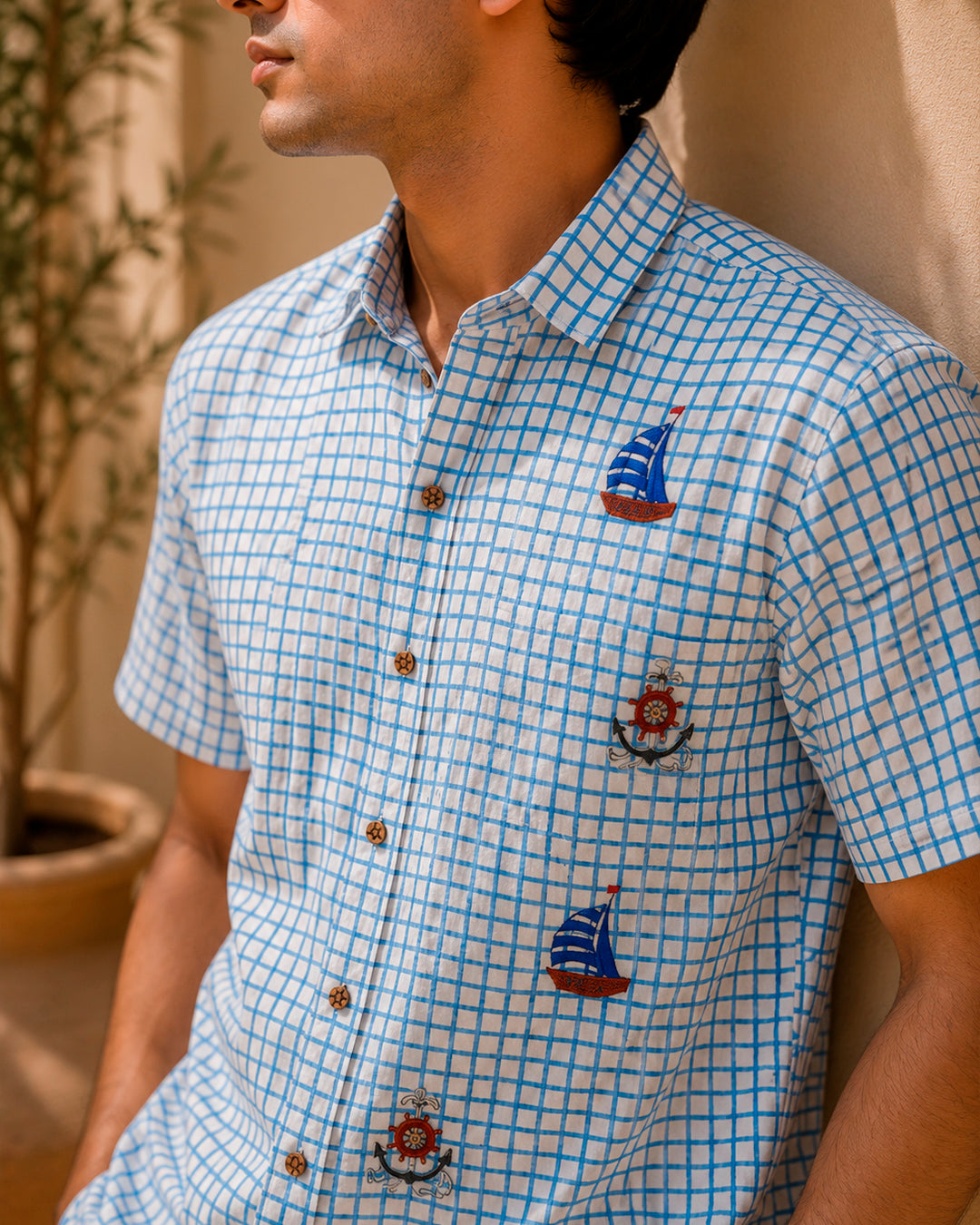 Blue Checks and Boat Motif Embroidered Half Shirt