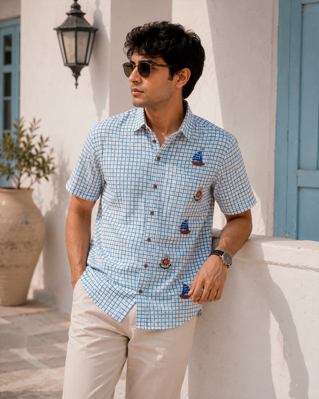 Blue Checks and Boat Motif Embroidered Half Shirt