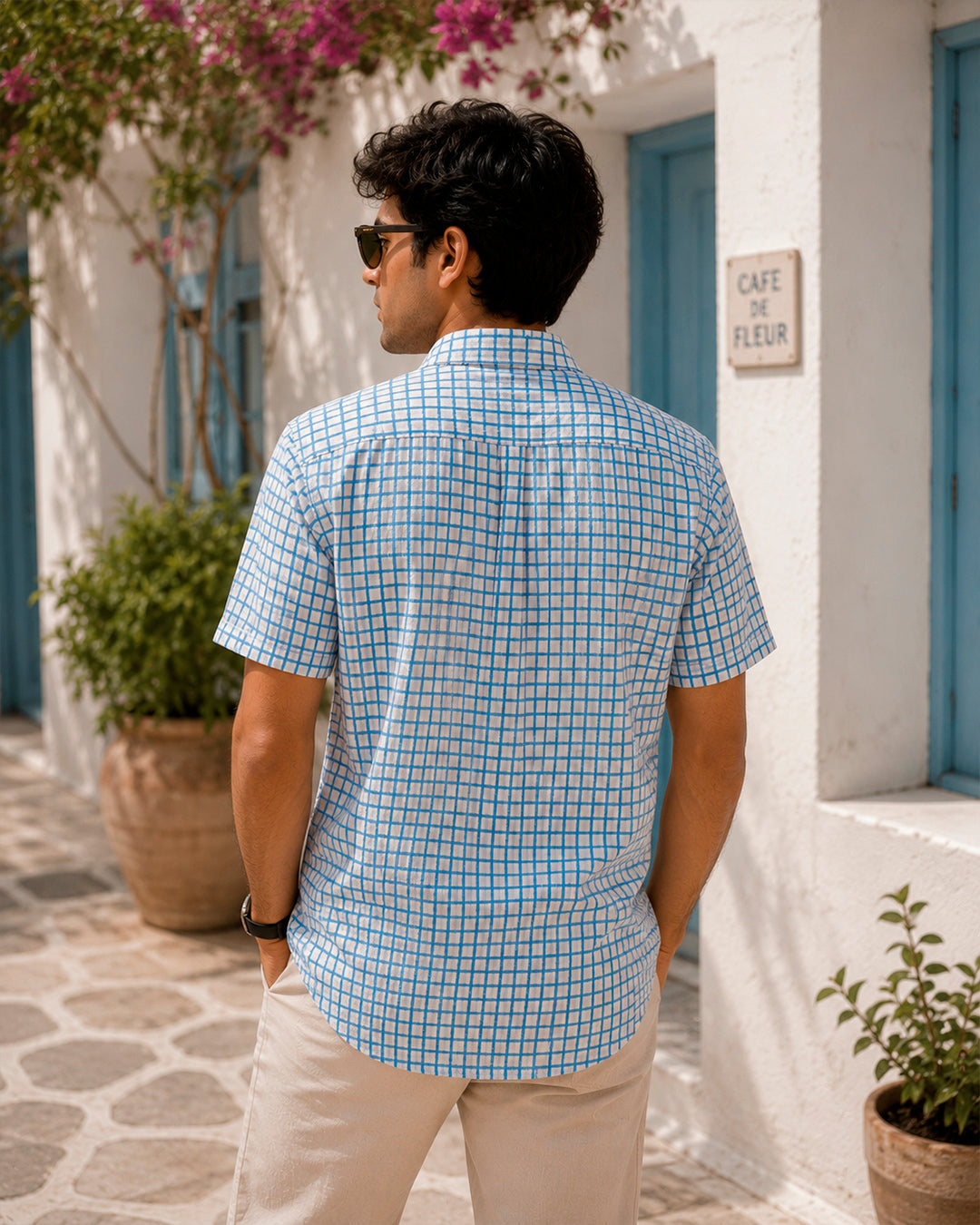 Blue Checks and Boat Motif Embroidered Half Shirt