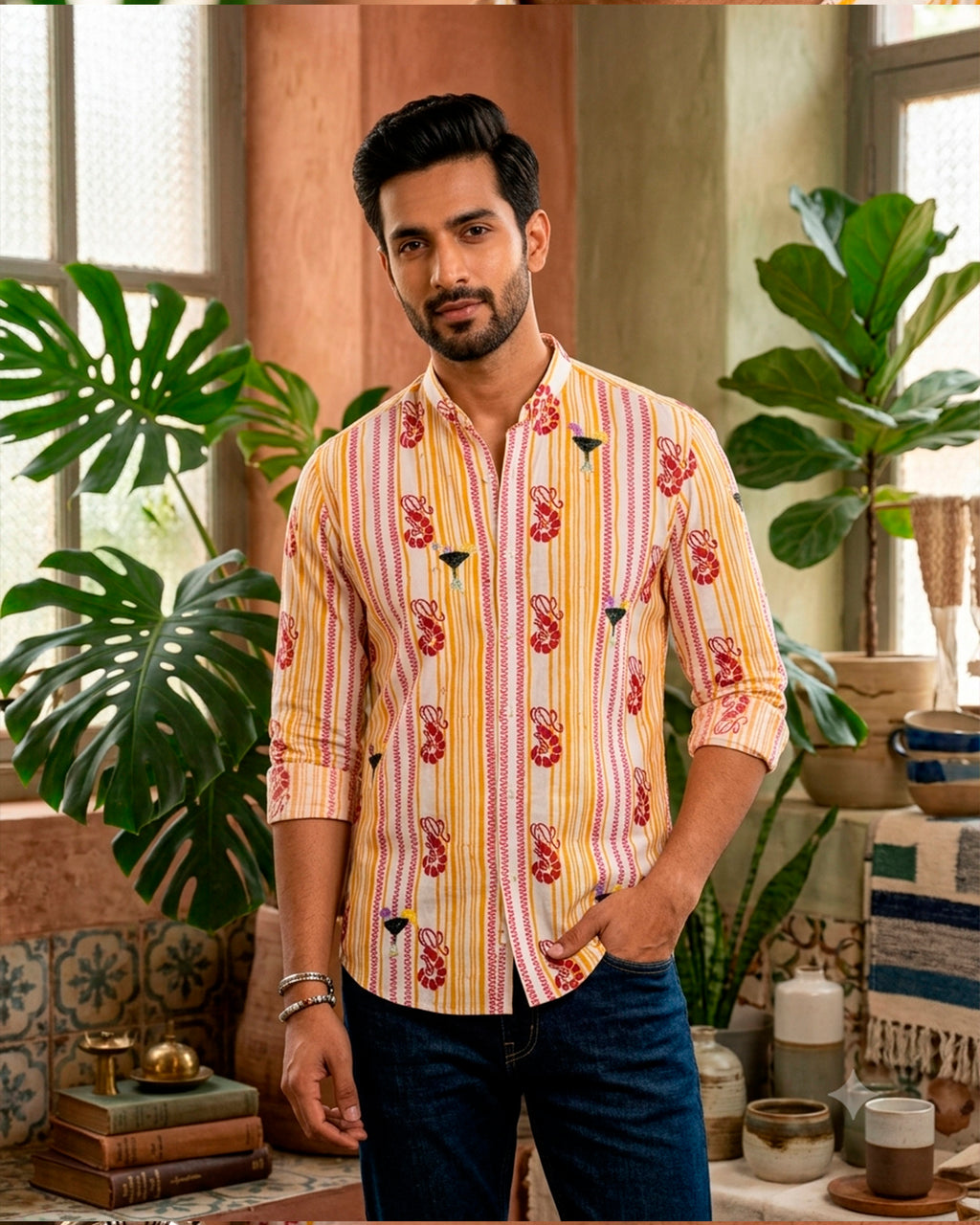 Stripes and Lobster Embroidered Half Shirt