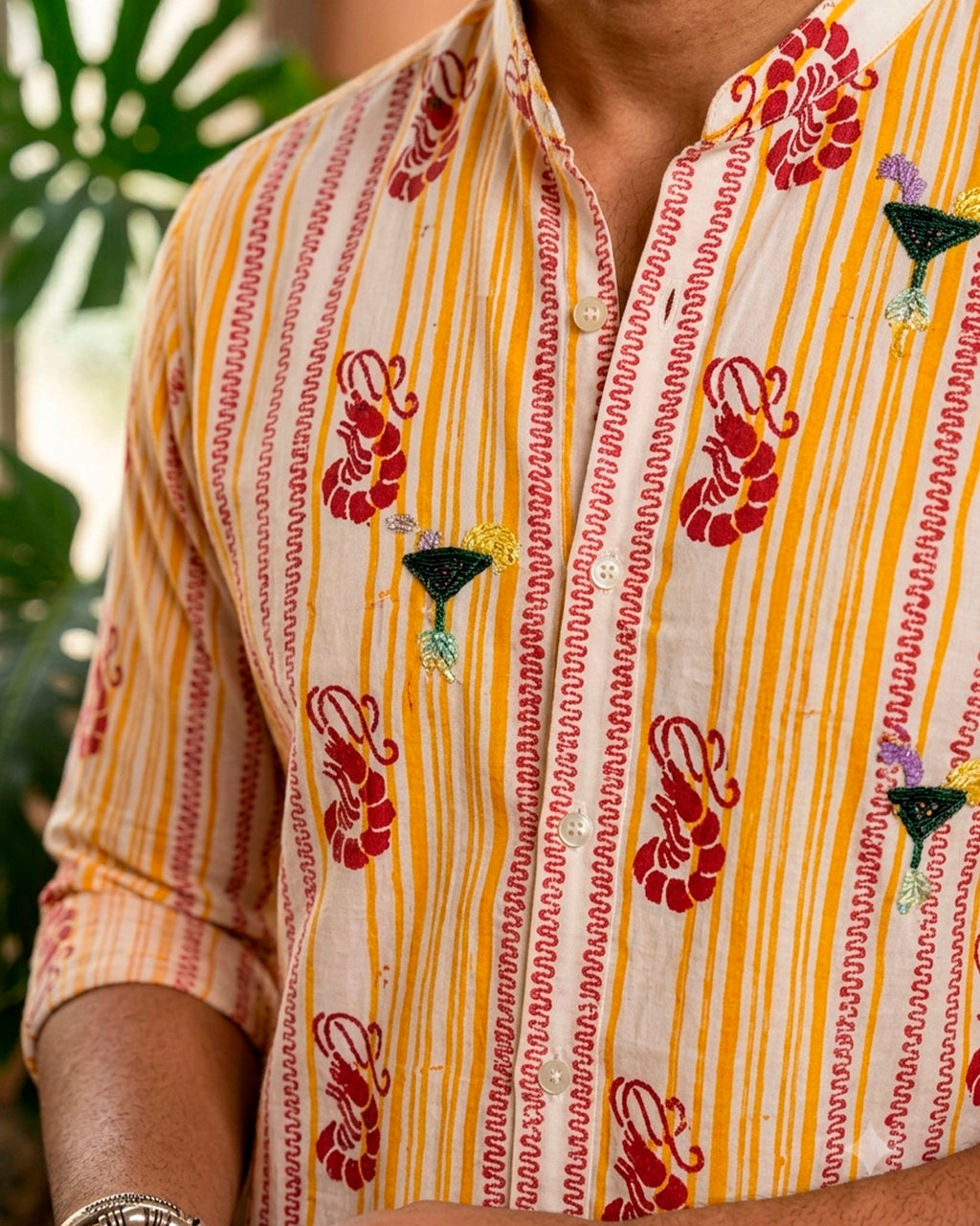 Stripes and Lobster Embroidered Half Shirt