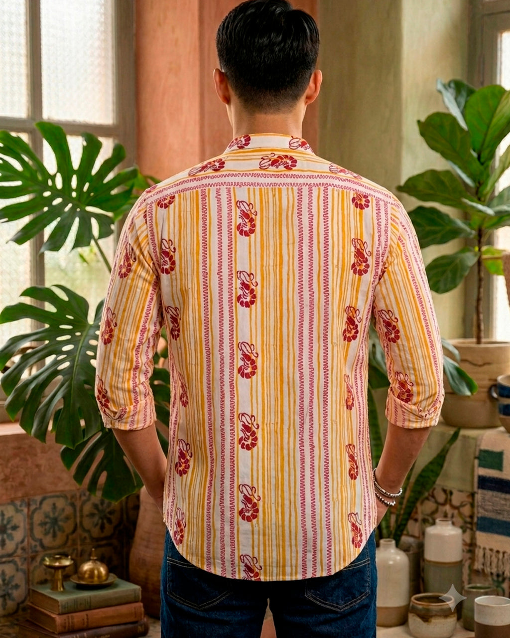 Stripes and Lobster Embroidered Half Shirt