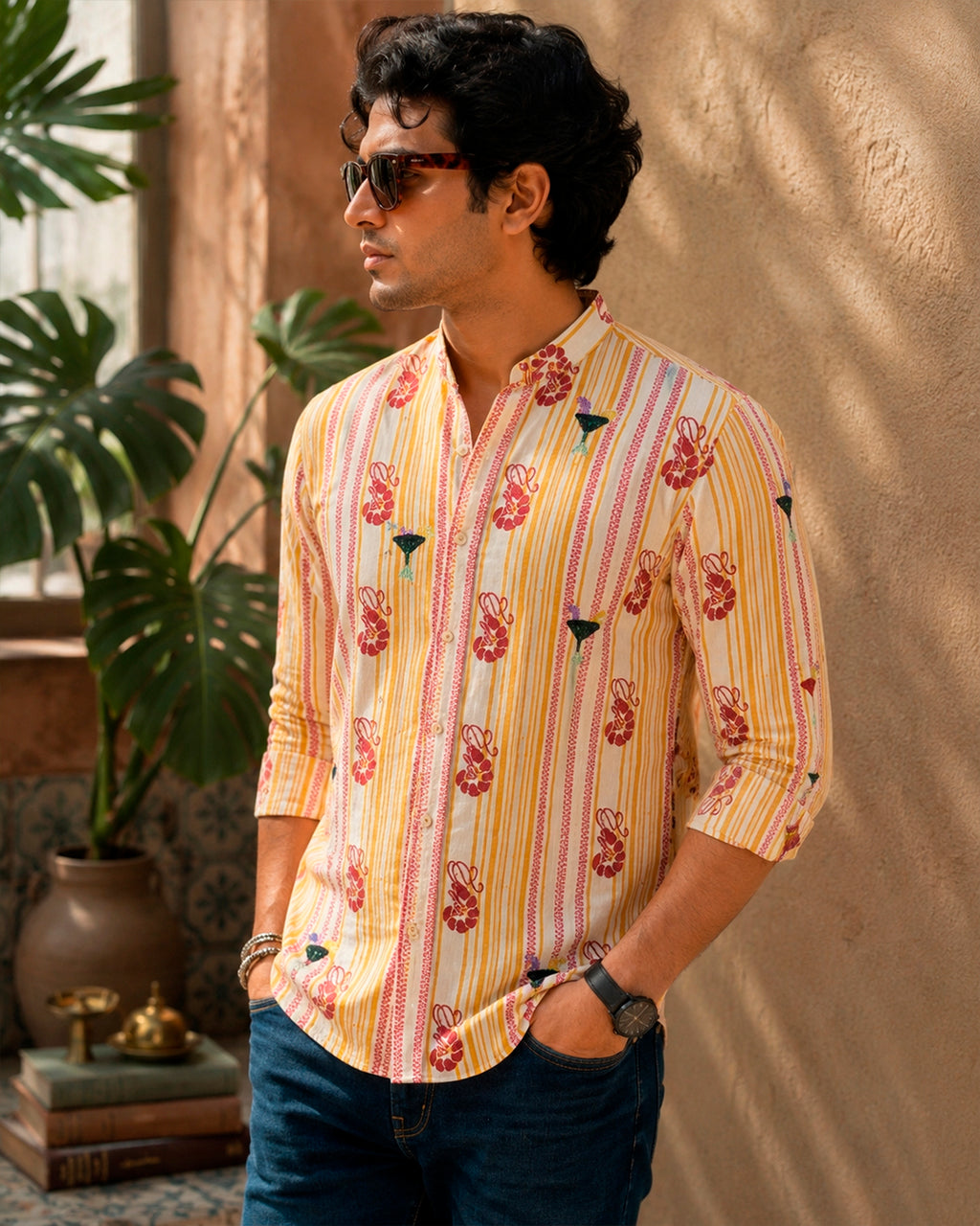 Stripes and Lobster Embroidered Half Shirt