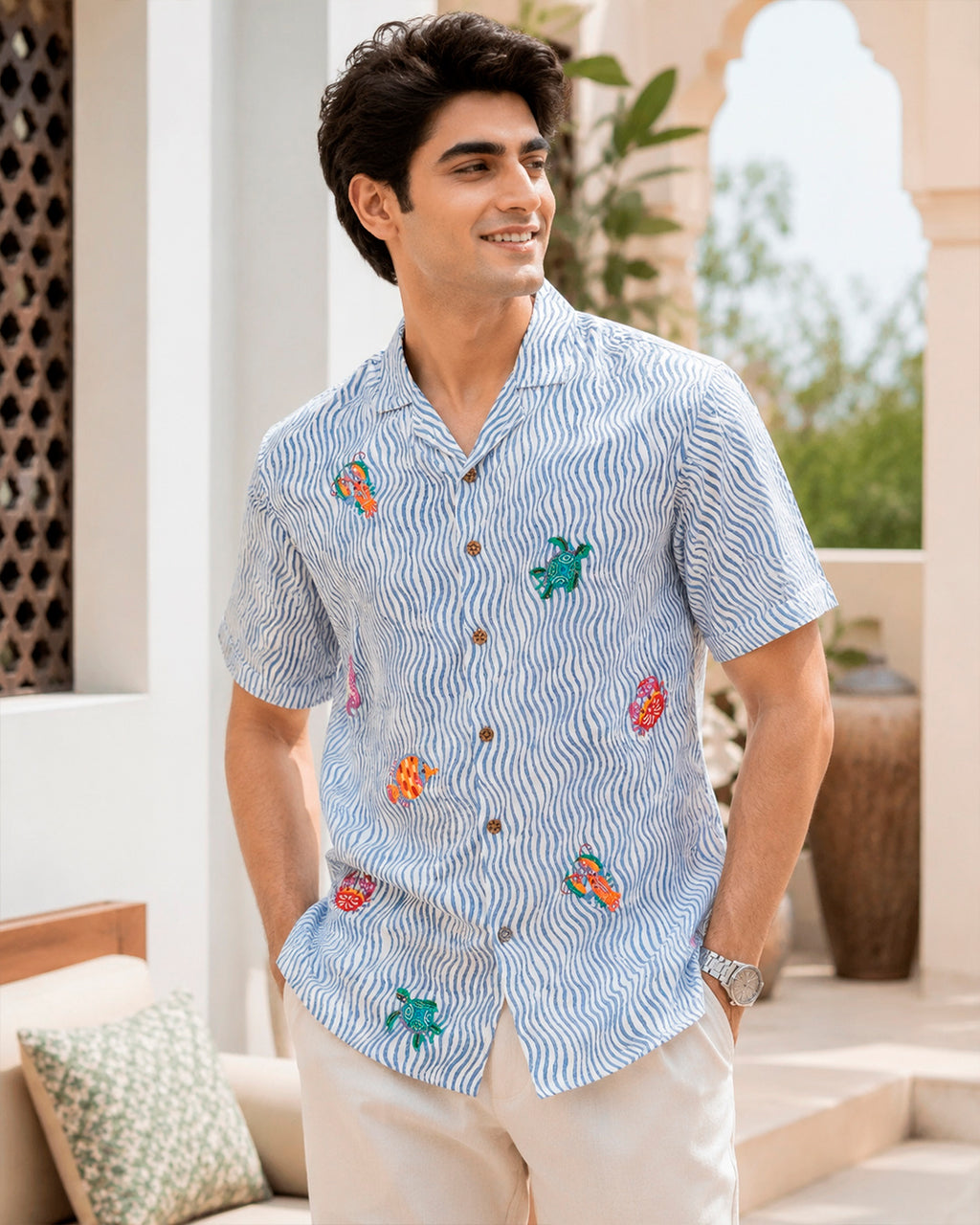 Ocean Embroidered Half Shirt
