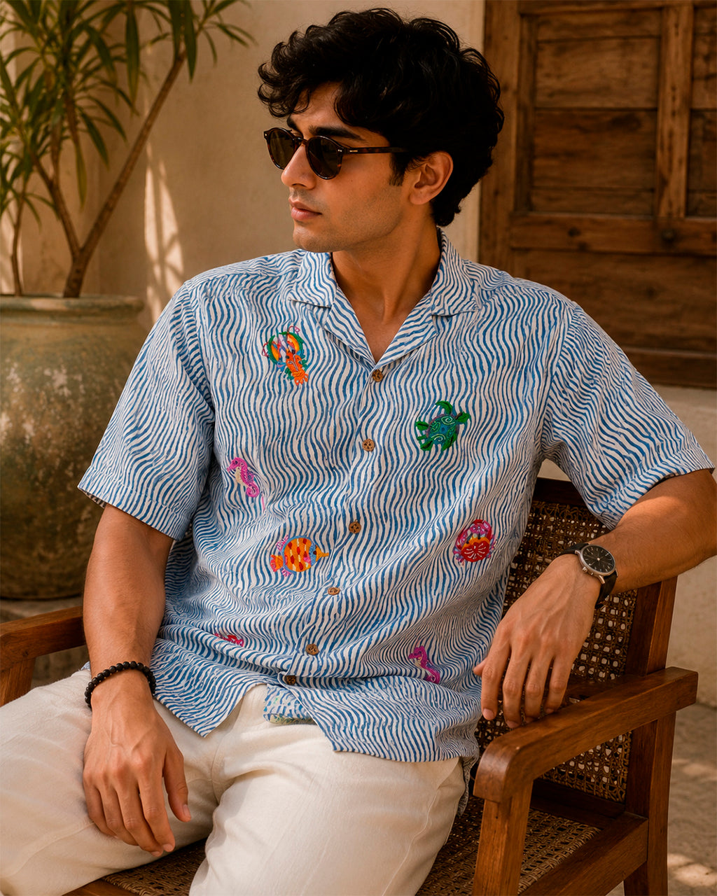 Ocean Embroidered Half Shirt