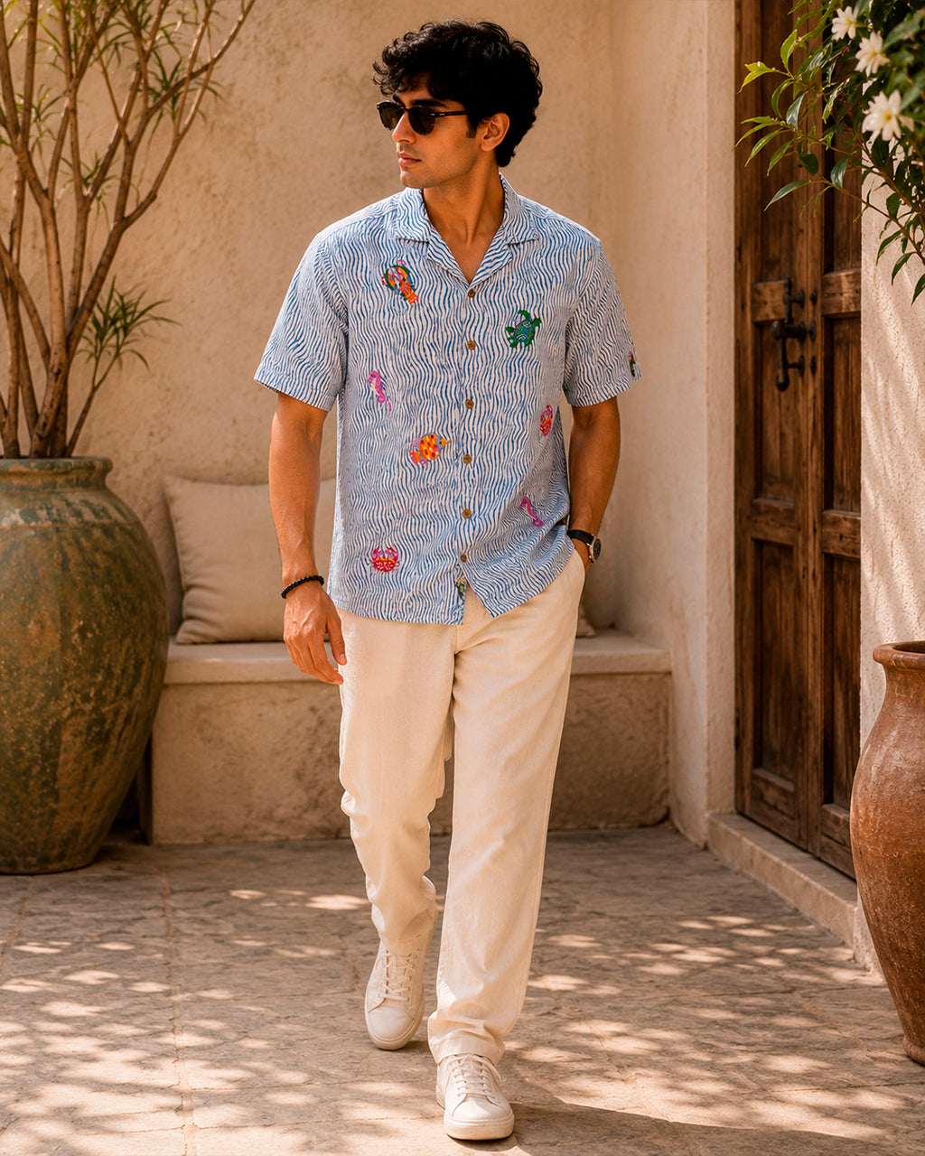 Ocean Embroidered Half Shirt