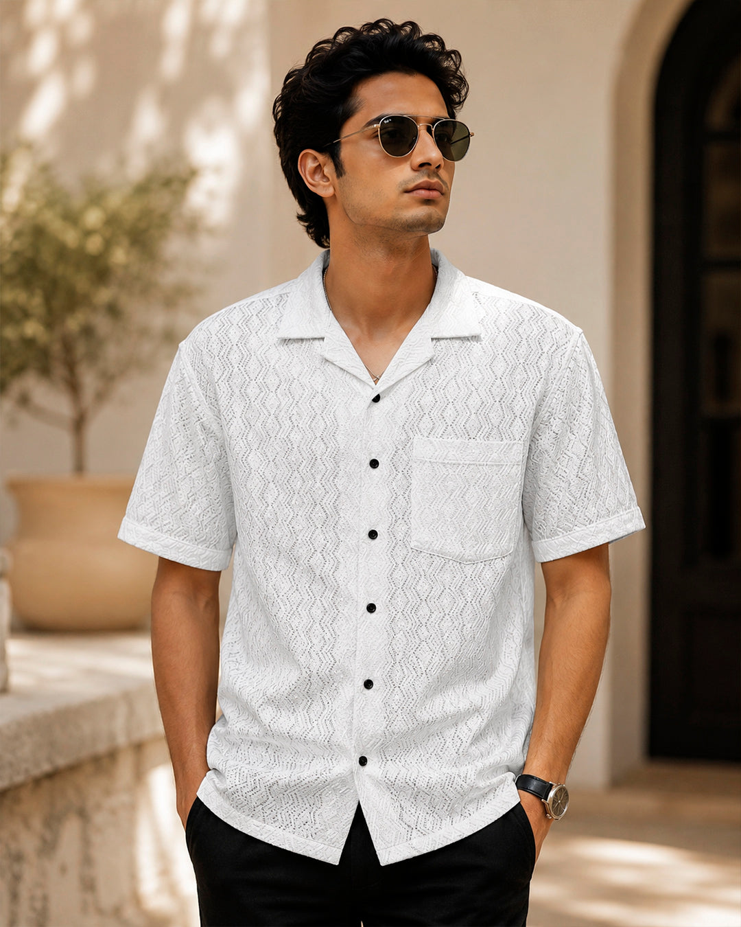 White Self Pattern Half Shirt