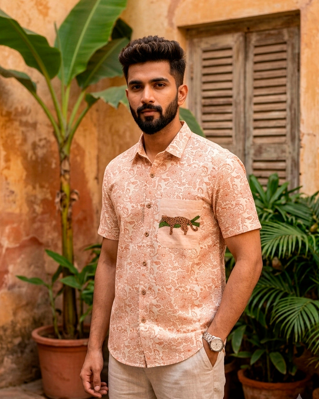 Leopard Embroidered Half Shirt