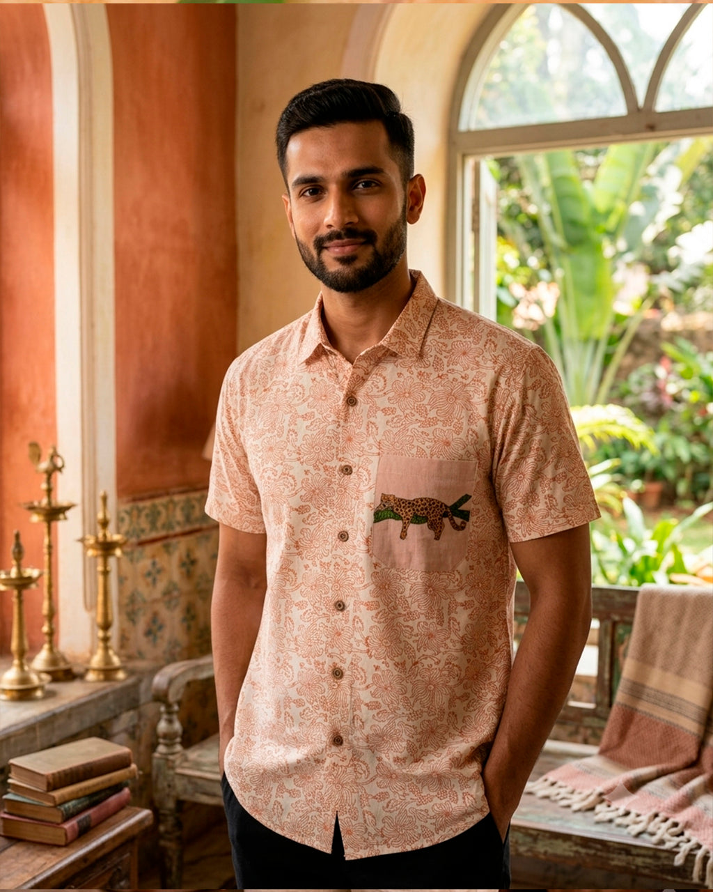 Leopard Embroidered Half Shirt