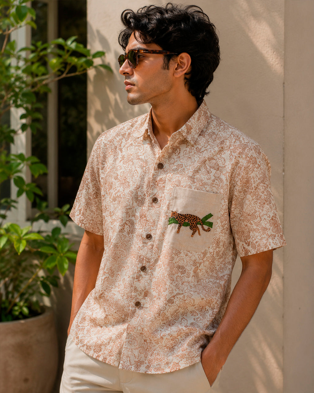 Leopard Embroidered Half Shirt