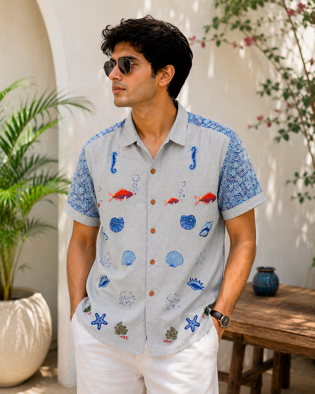 Underwater World Embroidered Half Shirt