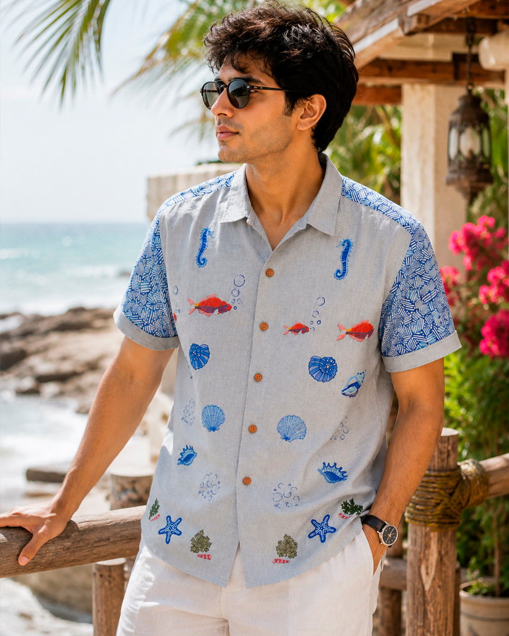 Underwater World Embroidered Half Shirt