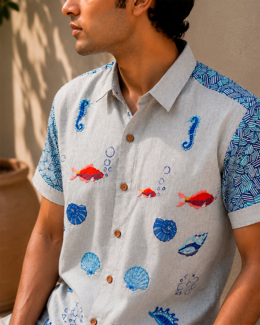Underwater World Embroidered Half Shirt