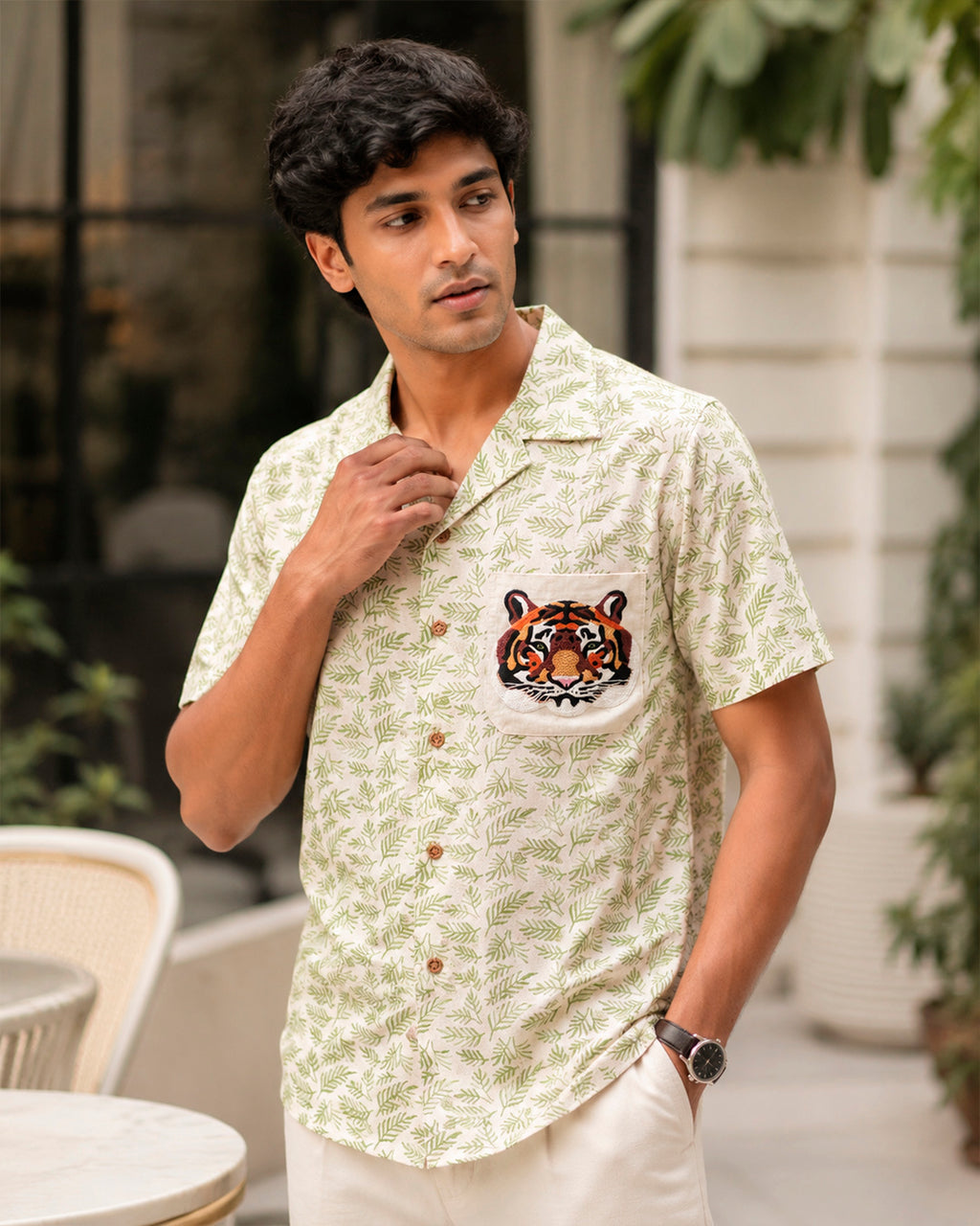 Bengal Tiger Embroidered Half Shirt